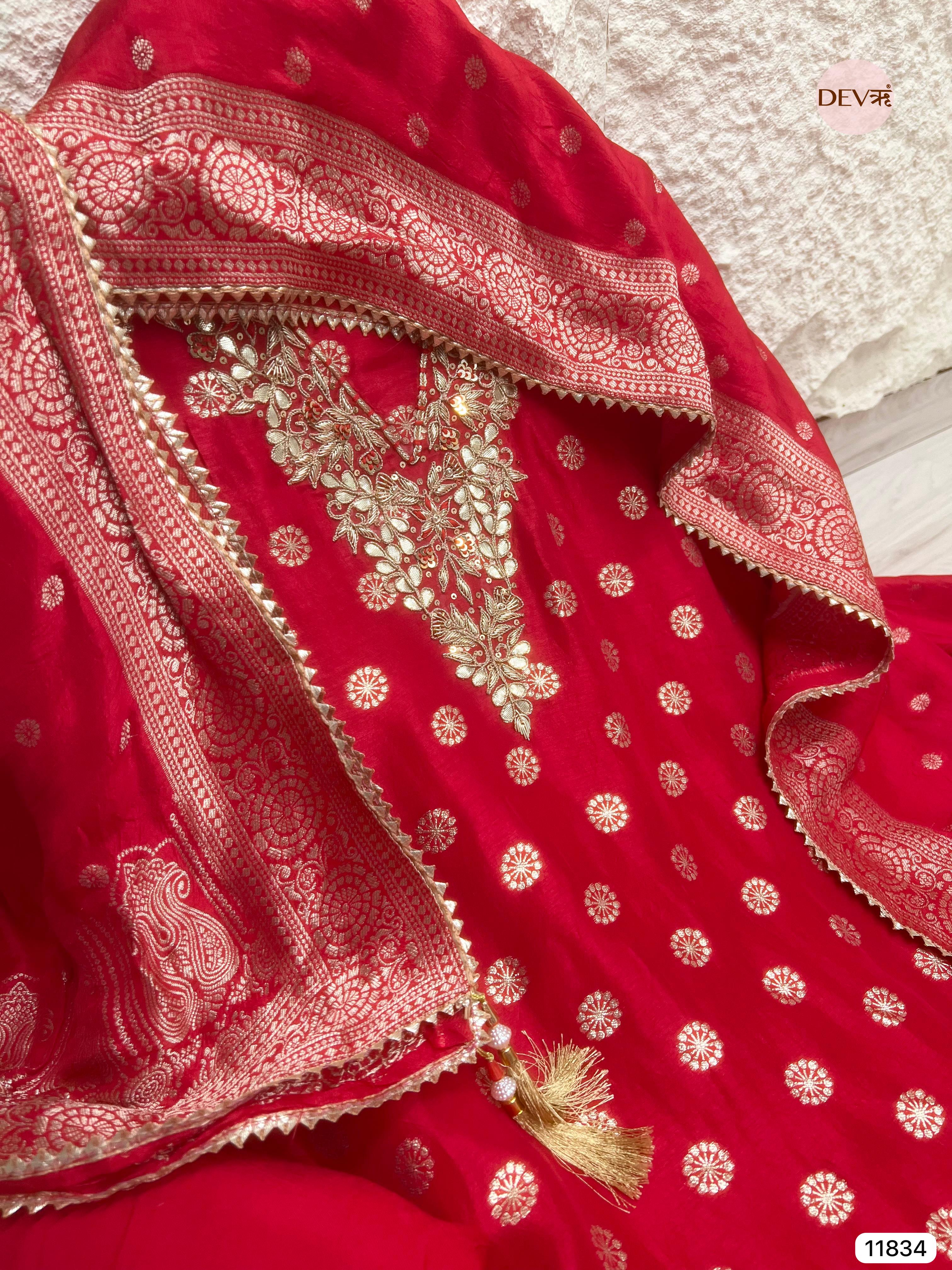 Red Pure Dola Silk Unstitched Banarasi Woven Hand Embroidered -Set Of 3- {11834}