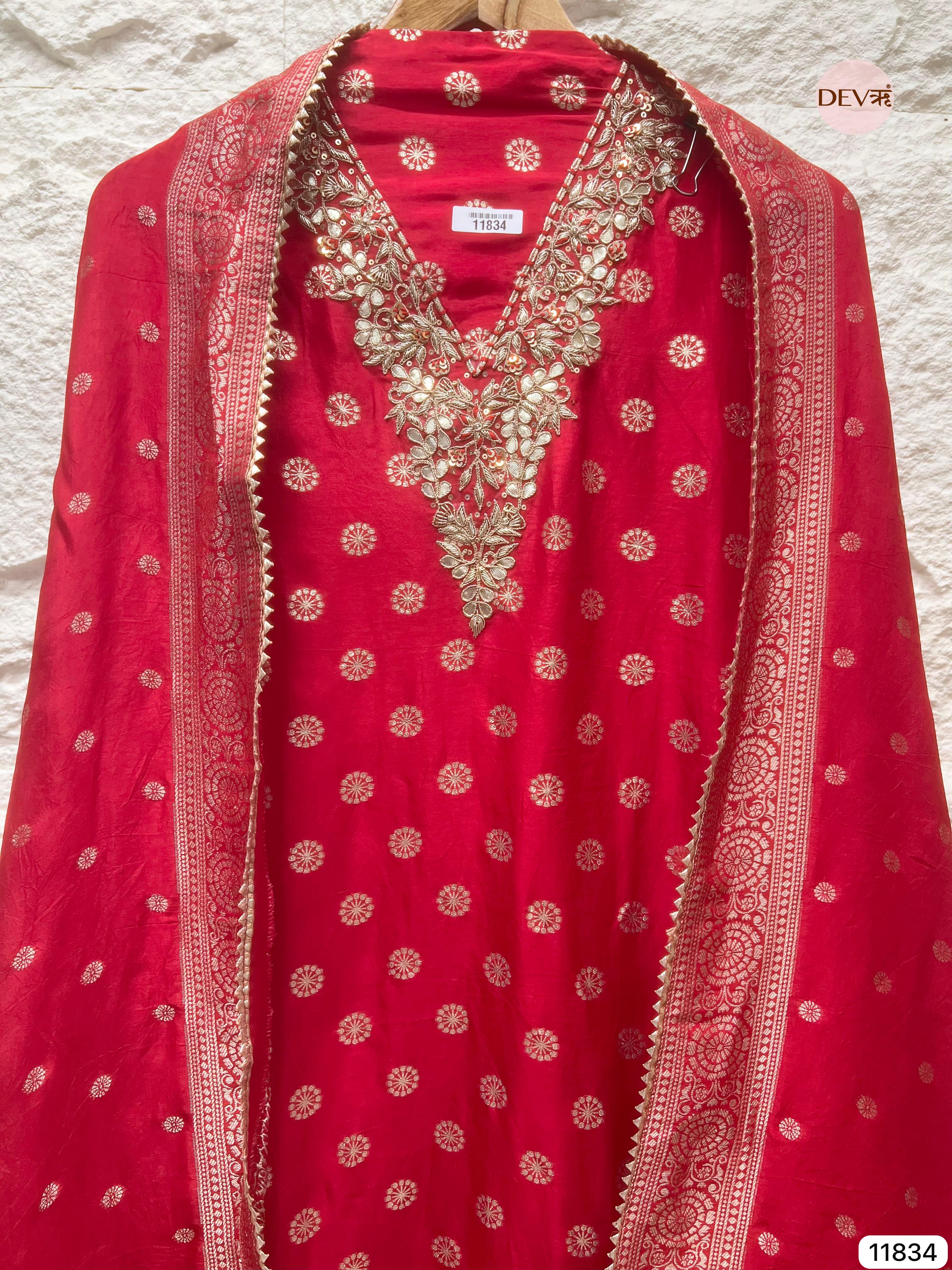 Red Pure Dola Silk Unstitched Banarasi Woven Hand Embroidered -Set Of 3- {11834}