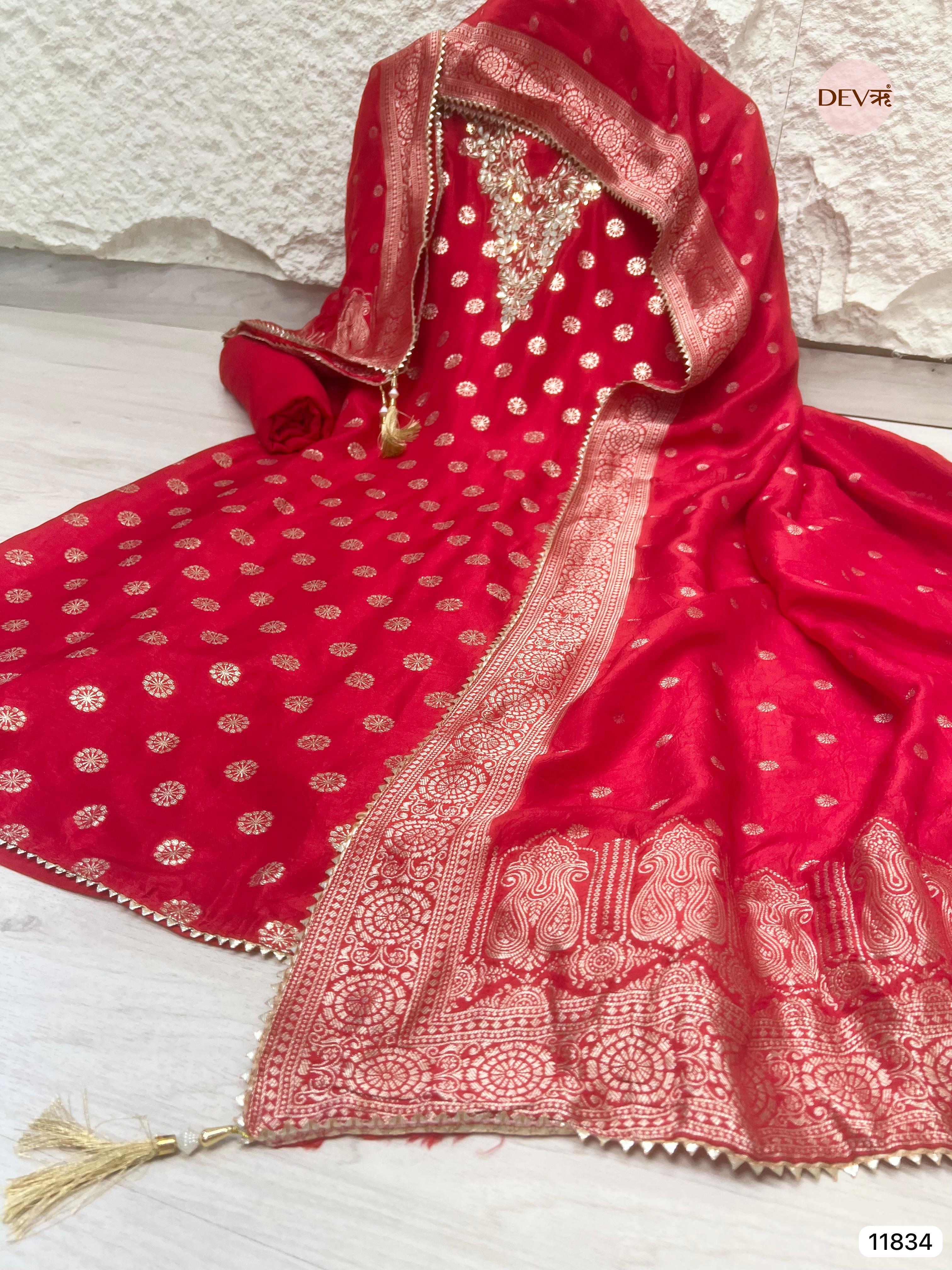 Red Pure Dola Silk Unstitched Banarasi Woven Hand Embroidered -Set Of 3- {11834}
