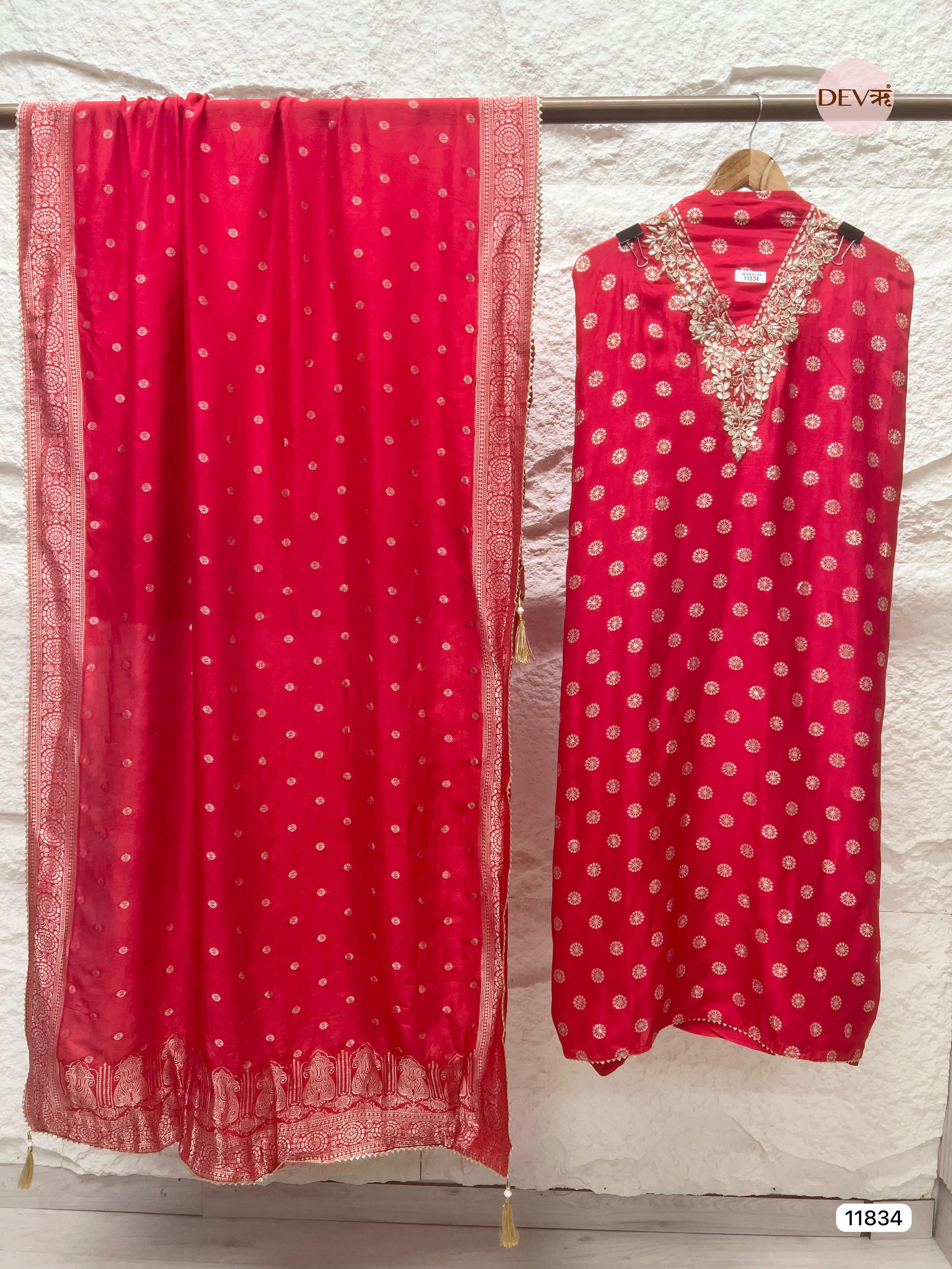Red Pure Dola Silk Unstitched Banarasi Woven Hand Embroidered -Set Of 3- {11834}
