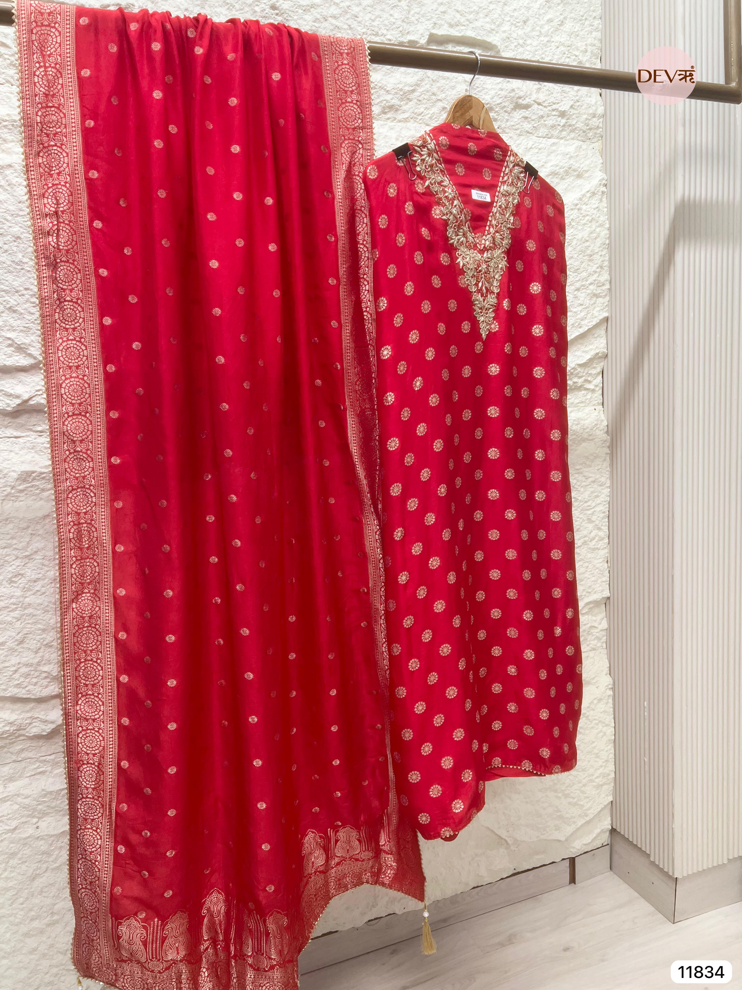 Red Pure Dola Silk Unstitched Banarasi Woven Hand Embroidered -Set Of 3- {11834}