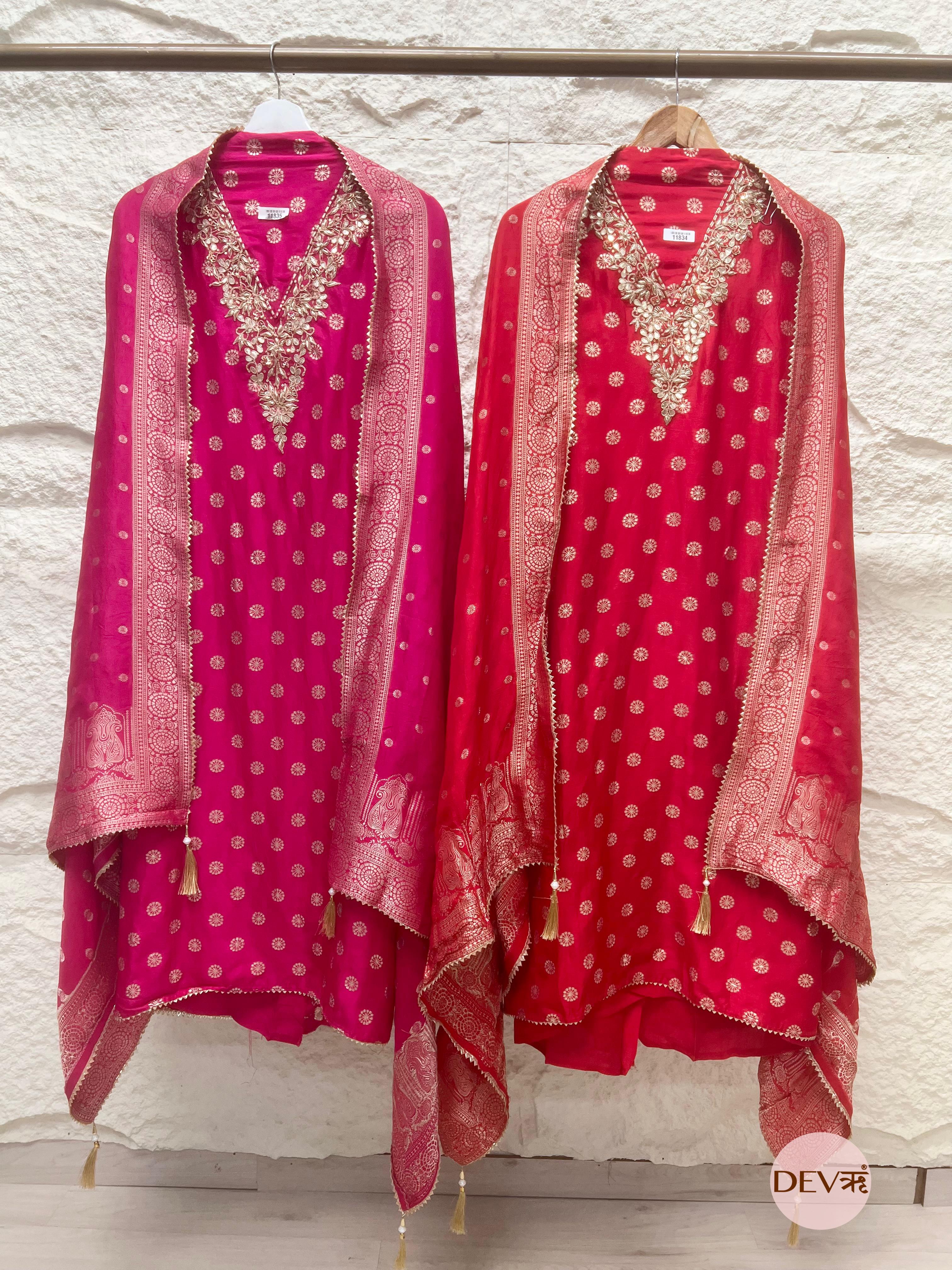Red Pure Dola Silk Unstitched Banarasi Woven Hand Embroidered -Set Of 3- {11834}