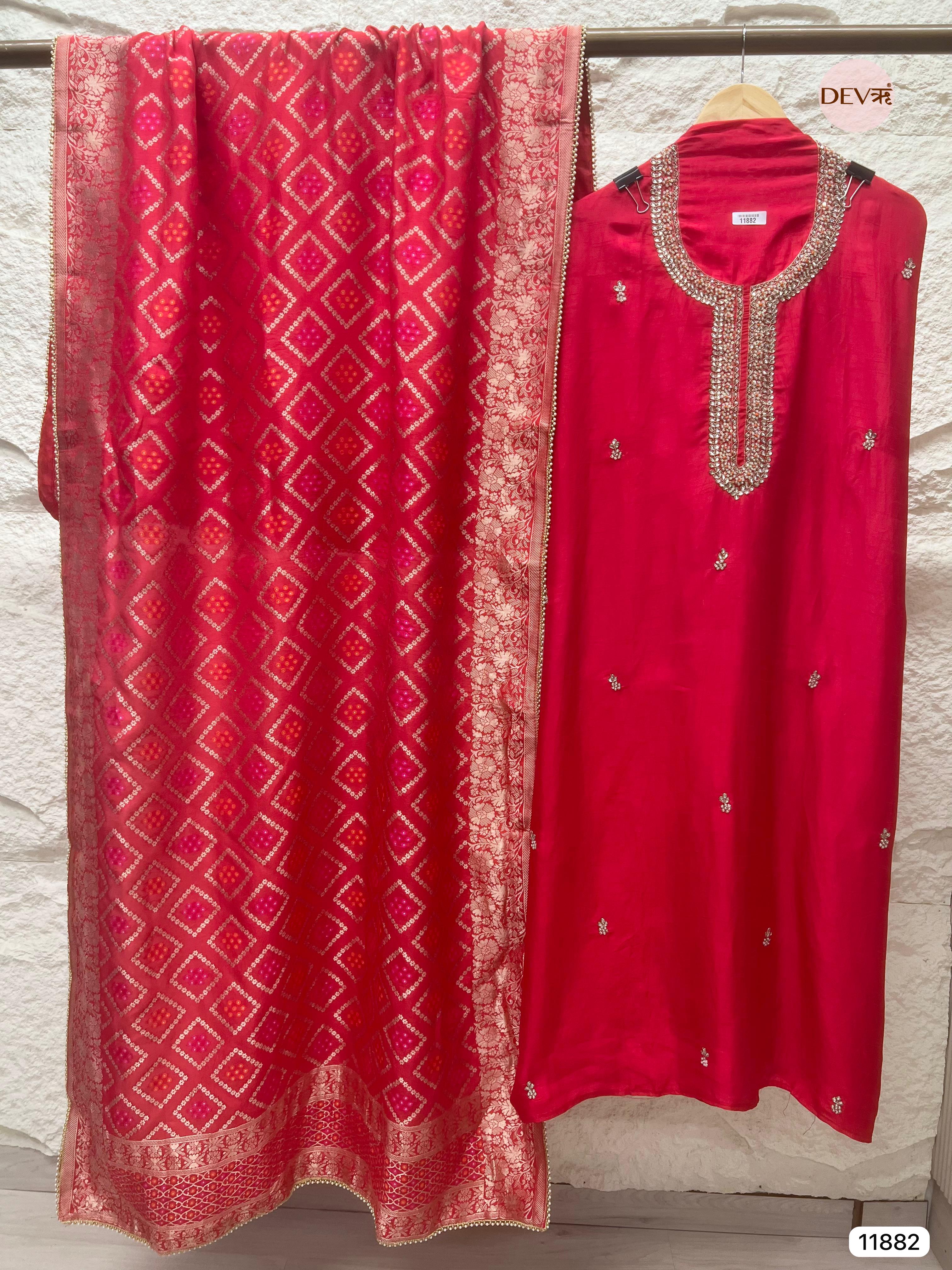 Red Pure Dola Silk Unstitched Banarasi Woven Hand Embroidered -Set Of 3- {11882}