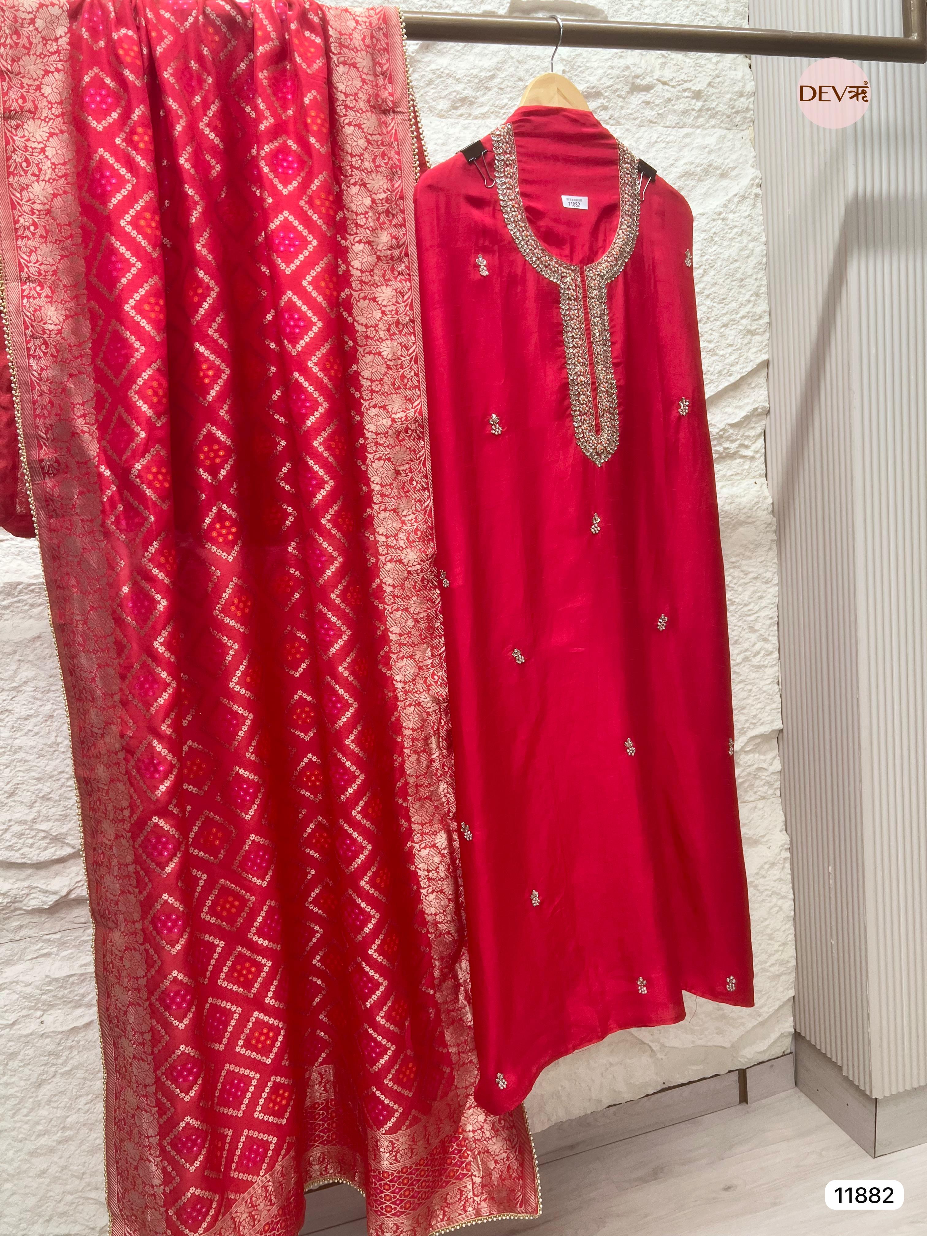 Red Pure Dola Silk Unstitched Banarasi Woven Hand Embroidered -Set Of 3- {11882}