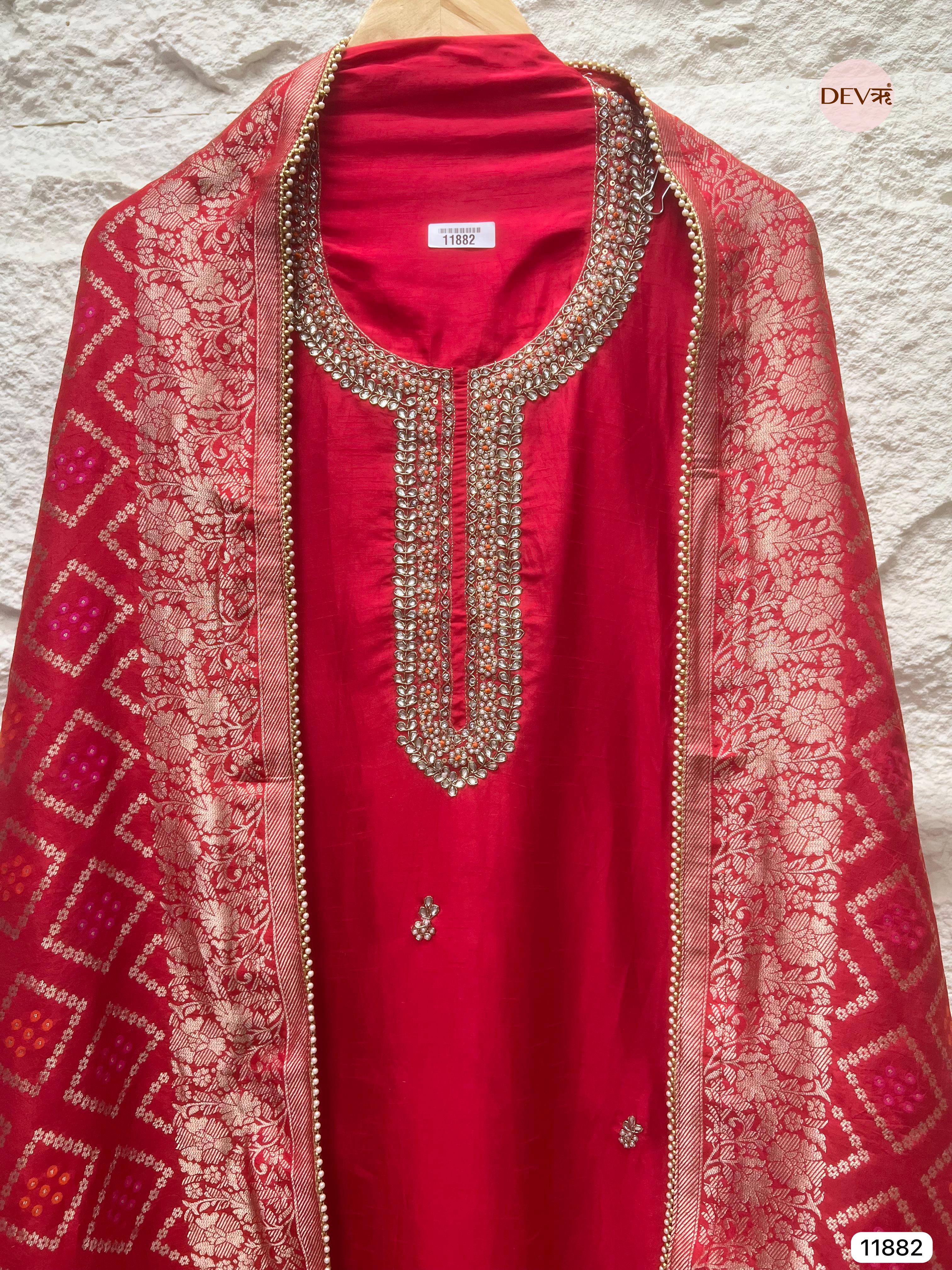 Red Pure Dola Silk Unstitched Banarasi Woven Hand Embroidered -Set Of 3- {11882}