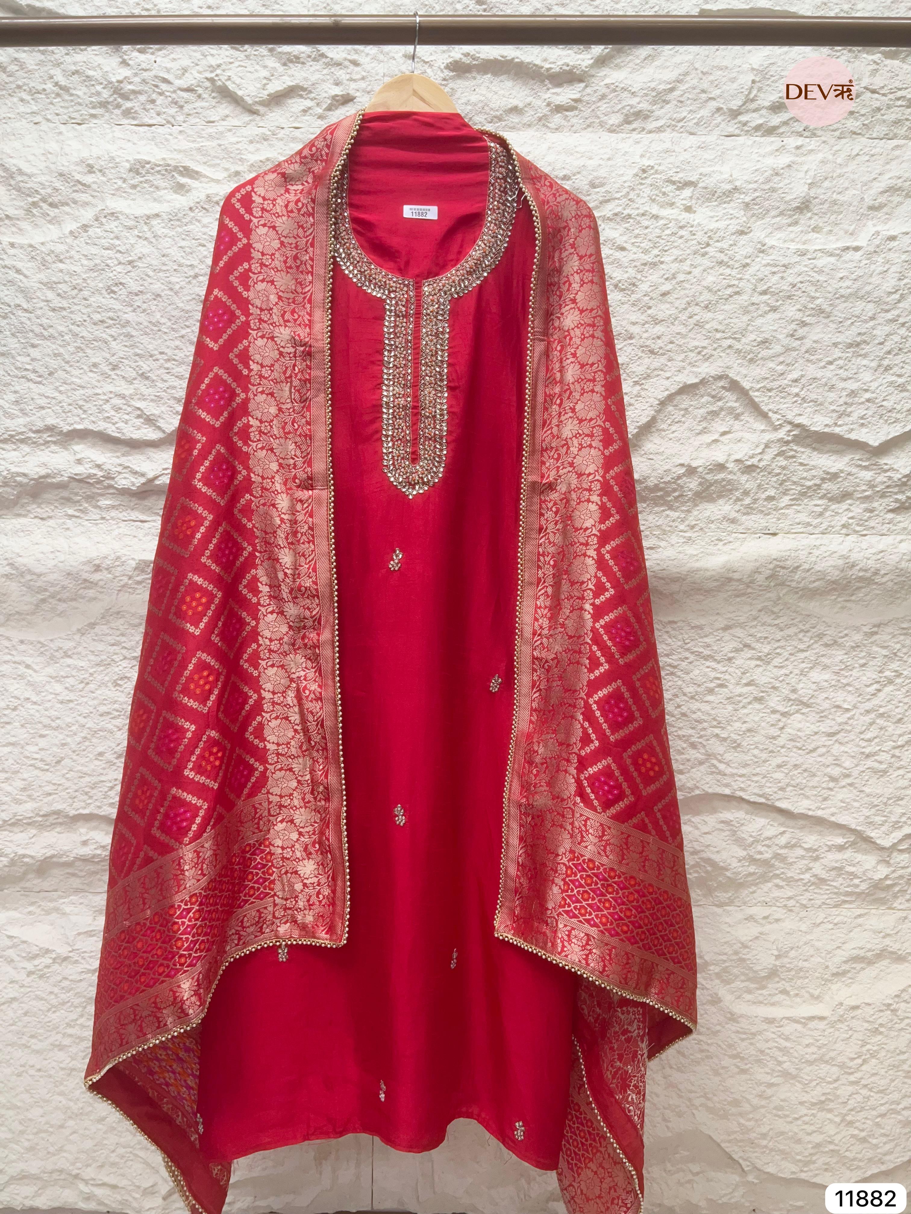 Red Pure Dola Silk Unstitched Banarasi Woven Hand Embroidered -Set Of 3- {11882}