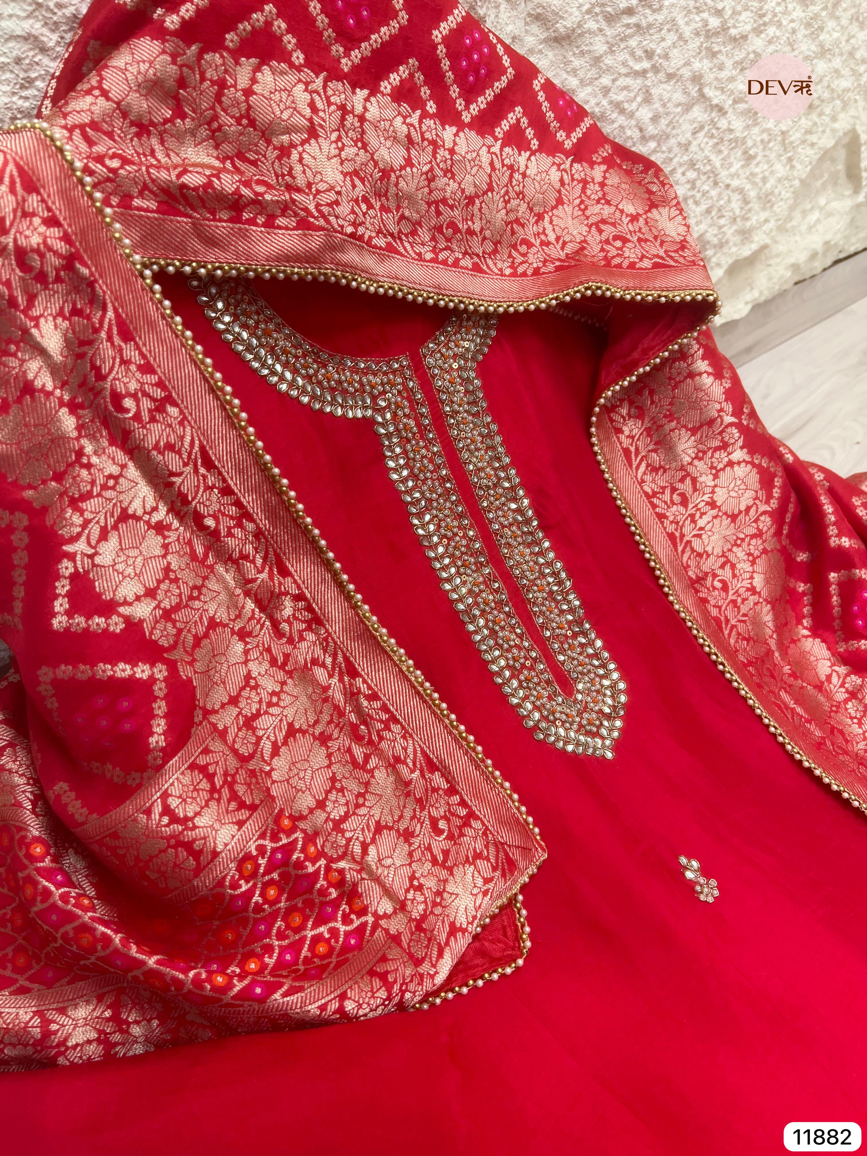 Red Pure Dola Silk Unstitched Banarasi Woven Hand Embroidered -Set Of 3- {11882}