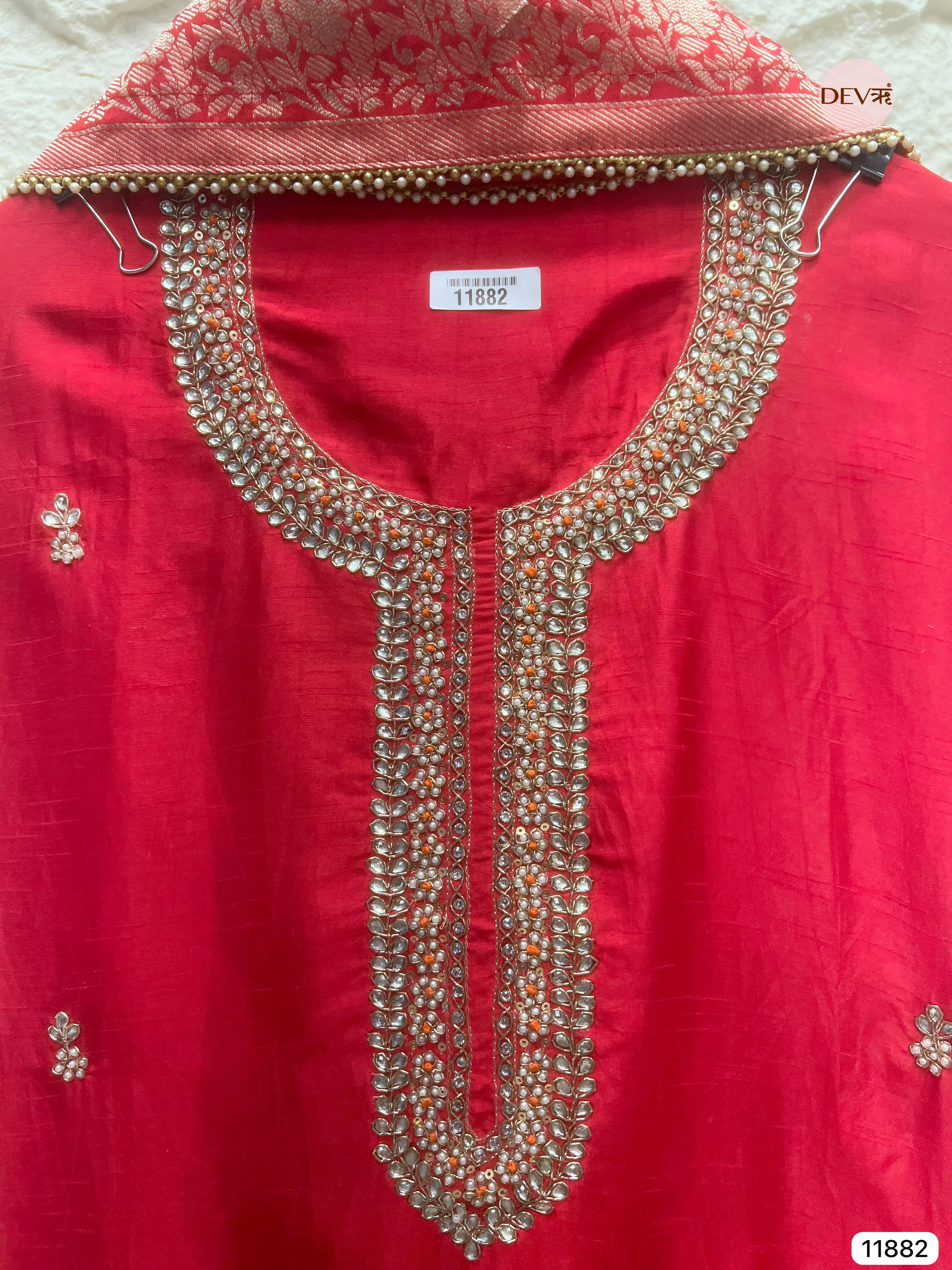Red Pure Dola Silk Unstitched Banarasi Woven Hand Embroidered -Set Of 3- {11882}