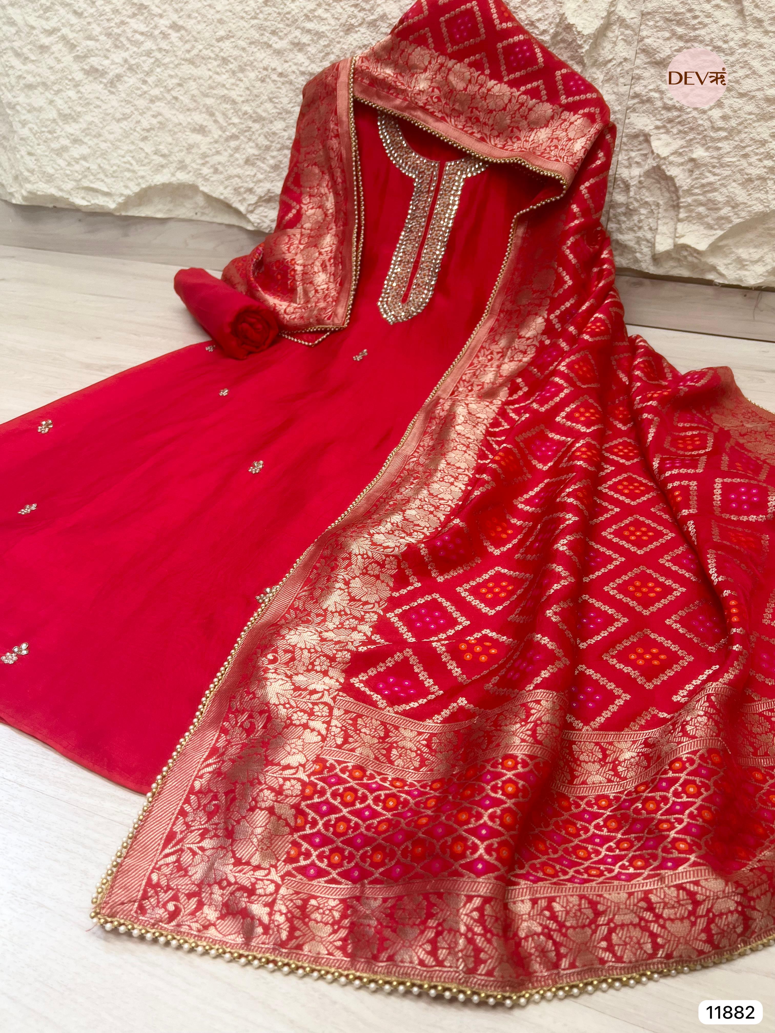 Red Pure Dola Silk Unstitched Banarasi Woven Hand Embroidered -Set Of 3- {11882}