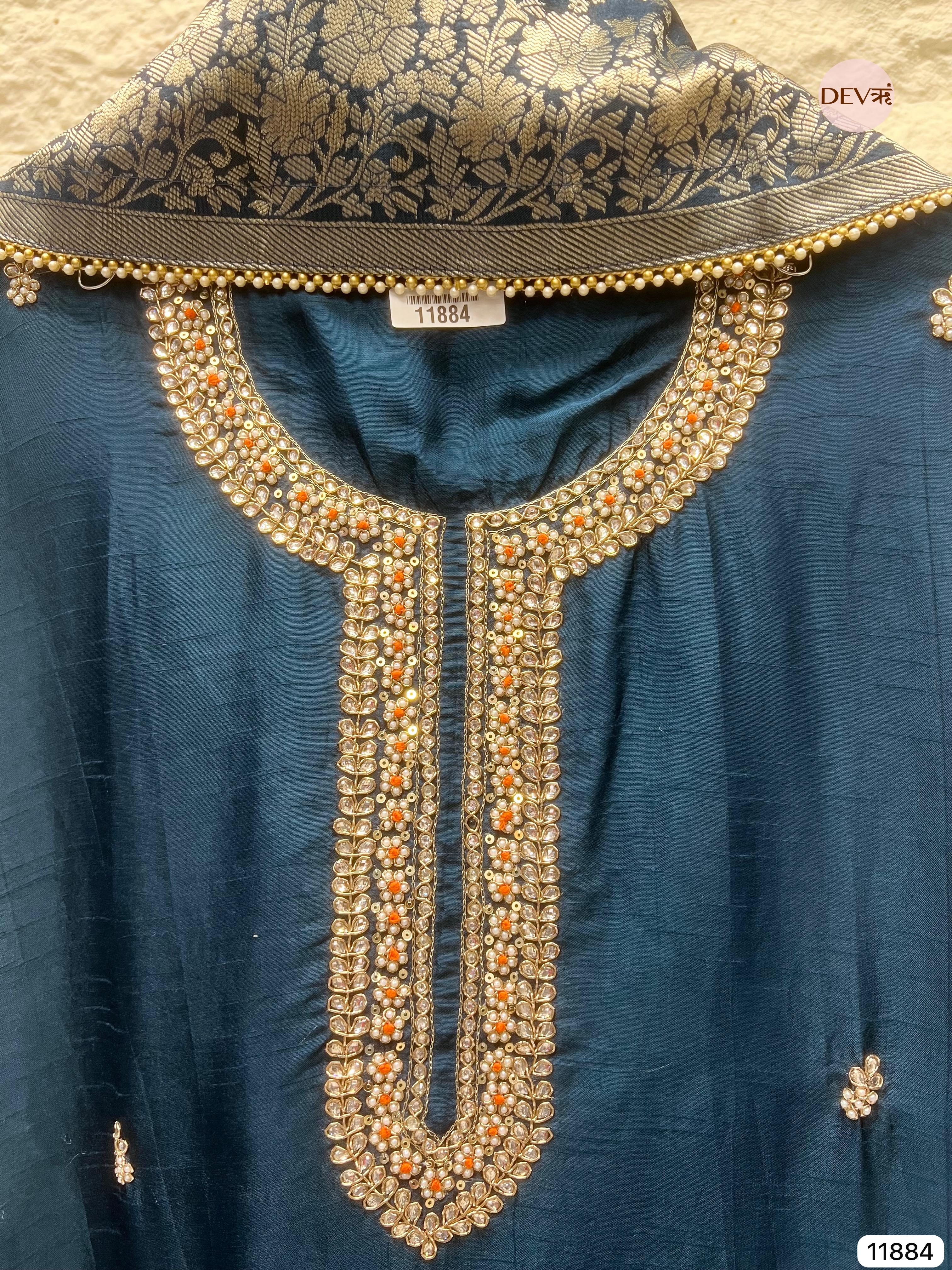 Navy Blue Pure Dola Silk Unstitched Banarasi Woven Hand Embroidered -Set Of 3- {11884}