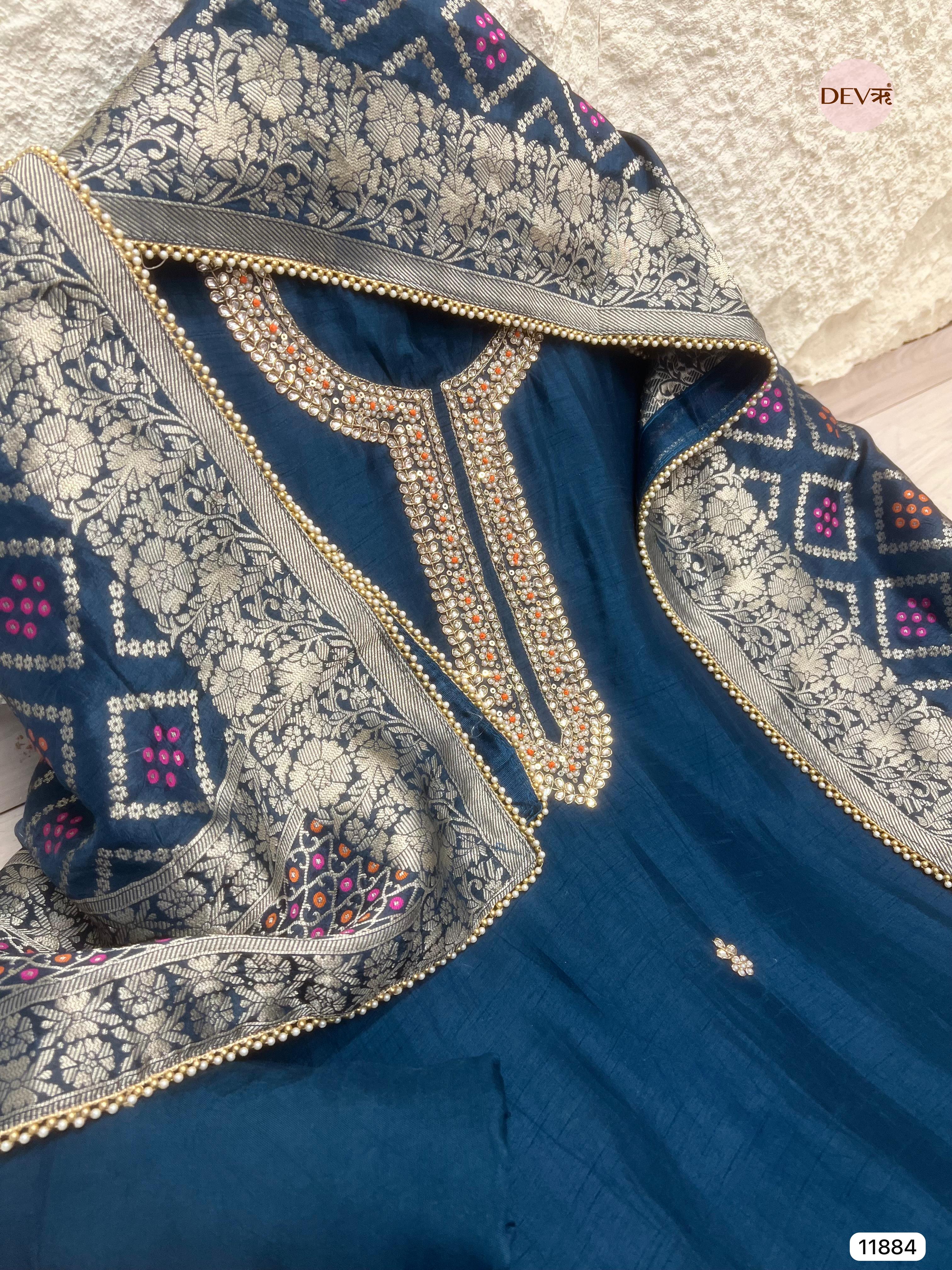 Navy Blue Pure Dola Silk Unstitched Banarasi Woven Hand Embroidered -Set Of 3- {11884}