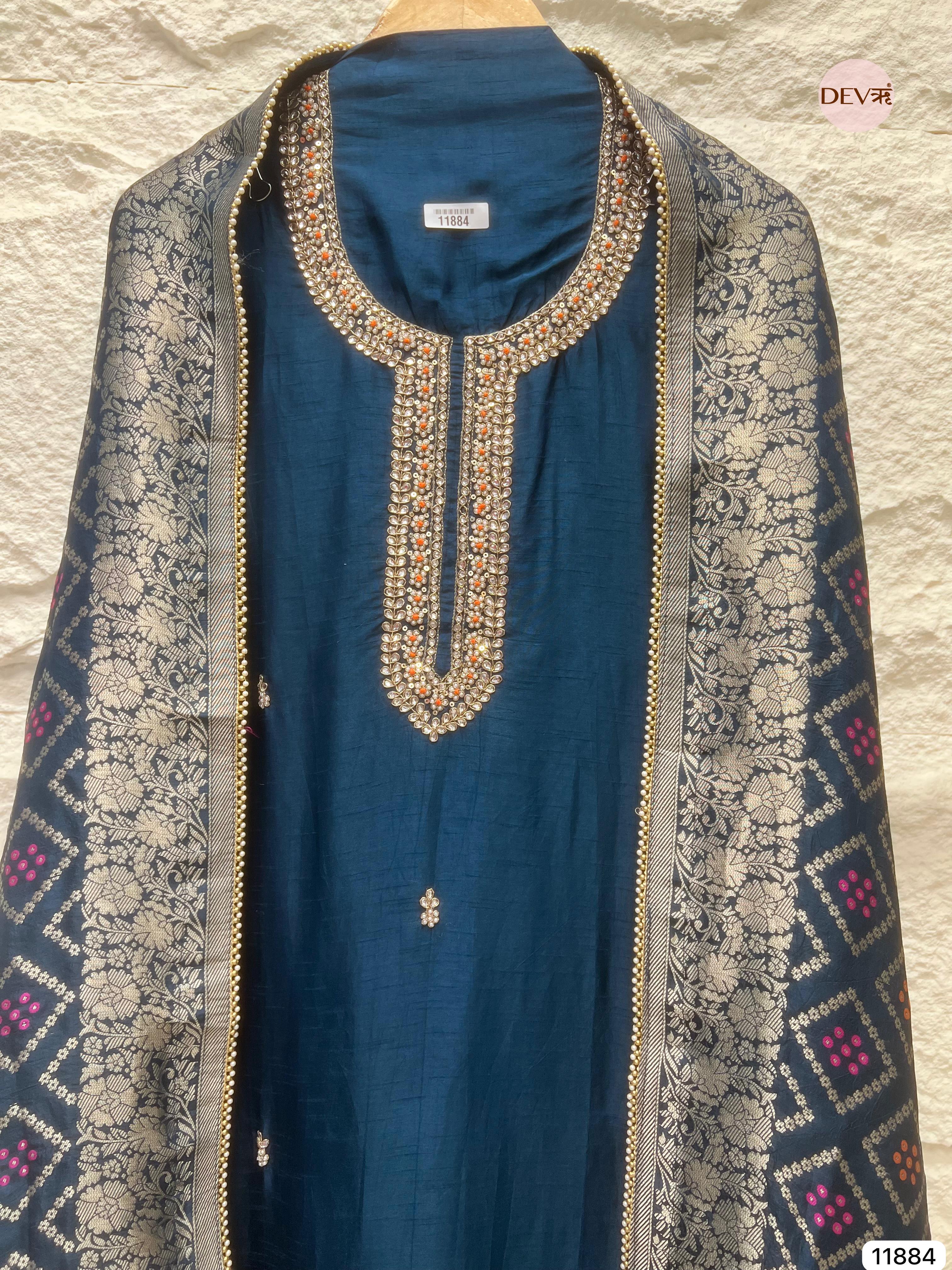 Navy Blue Pure Dola Silk Unstitched Banarasi Woven Hand Embroidered -Set Of 3- {11884}