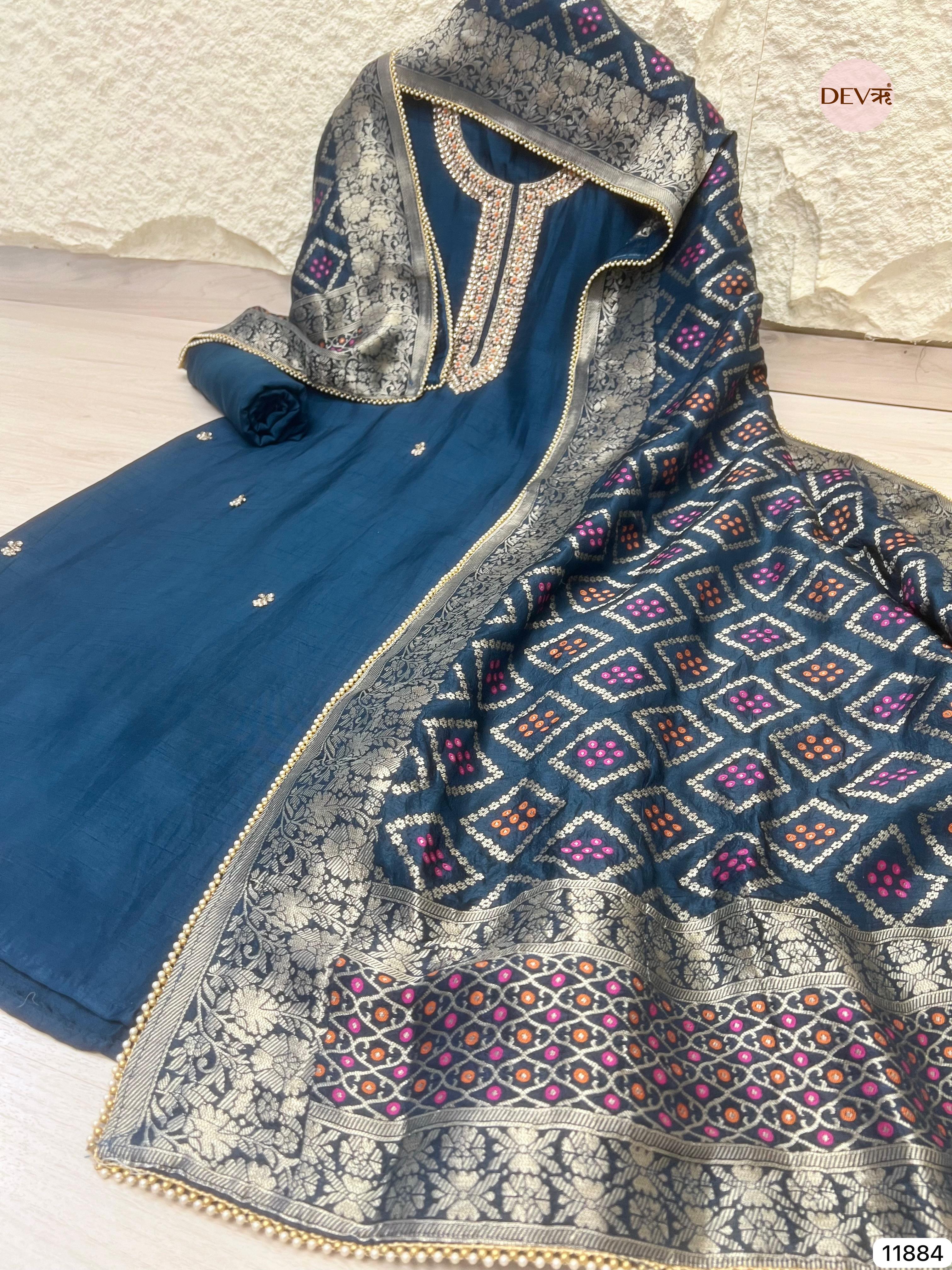 Navy Blue Pure Dola Silk Unstitched Banarasi Woven Hand Embroidered -Set Of 3- {11884}