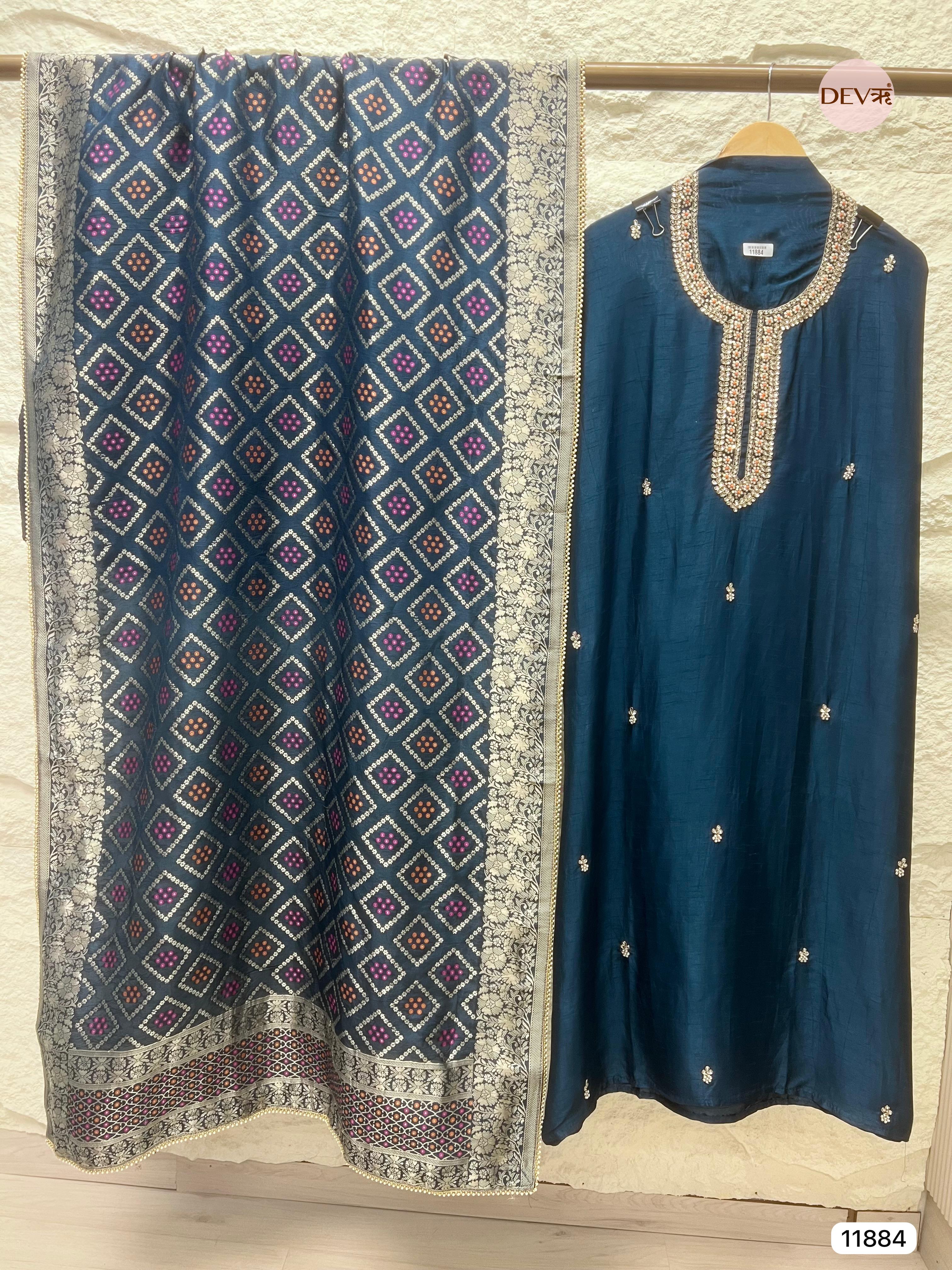 Navy Blue Pure Dola Silk Unstitched Banarasi Woven Hand Embroidered -Set Of 3- {11884}