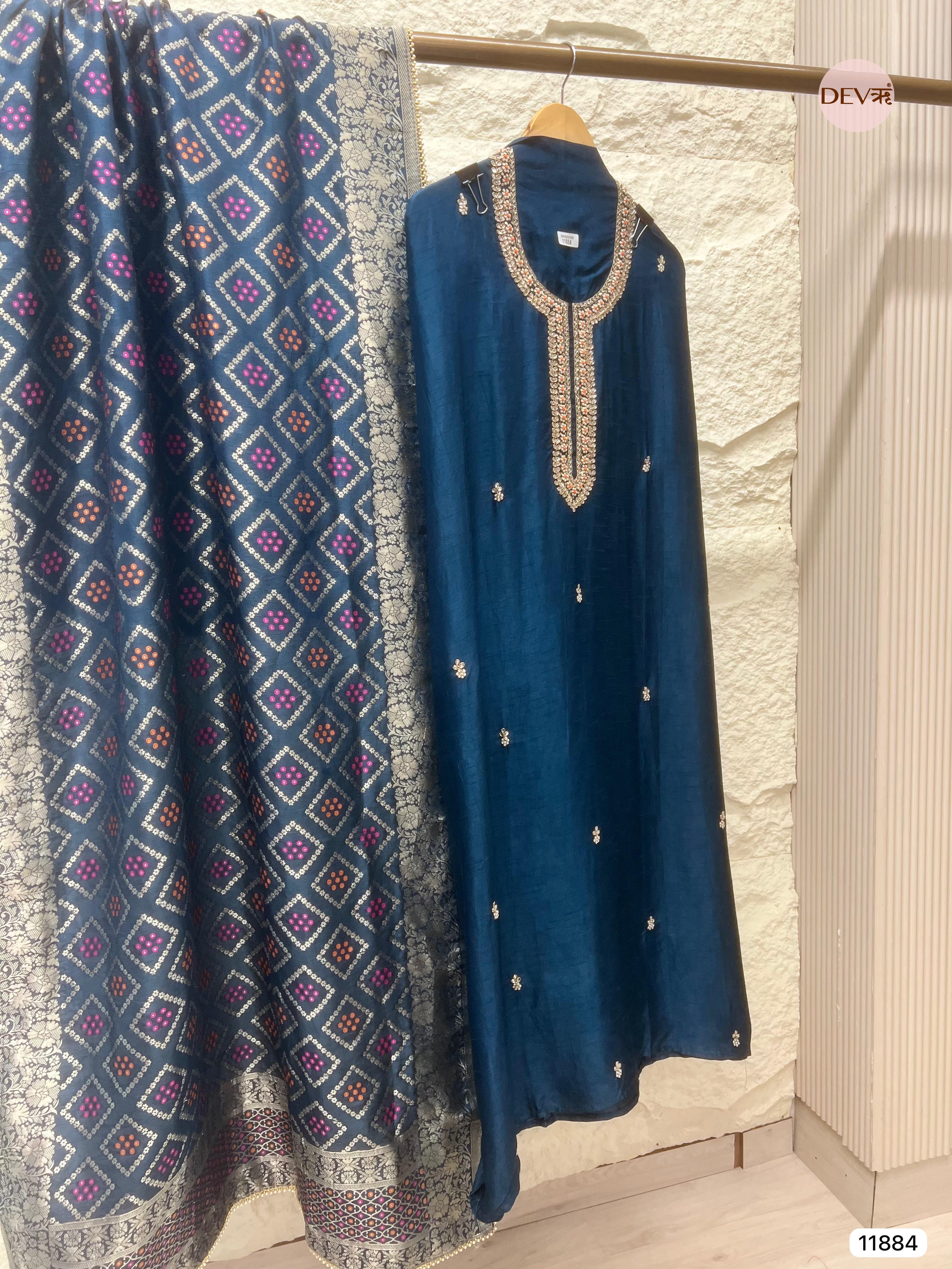 Navy Blue Pure Dola Silk Unstitched Banarasi Woven Hand Embroidered -Set Of 3- {11884}