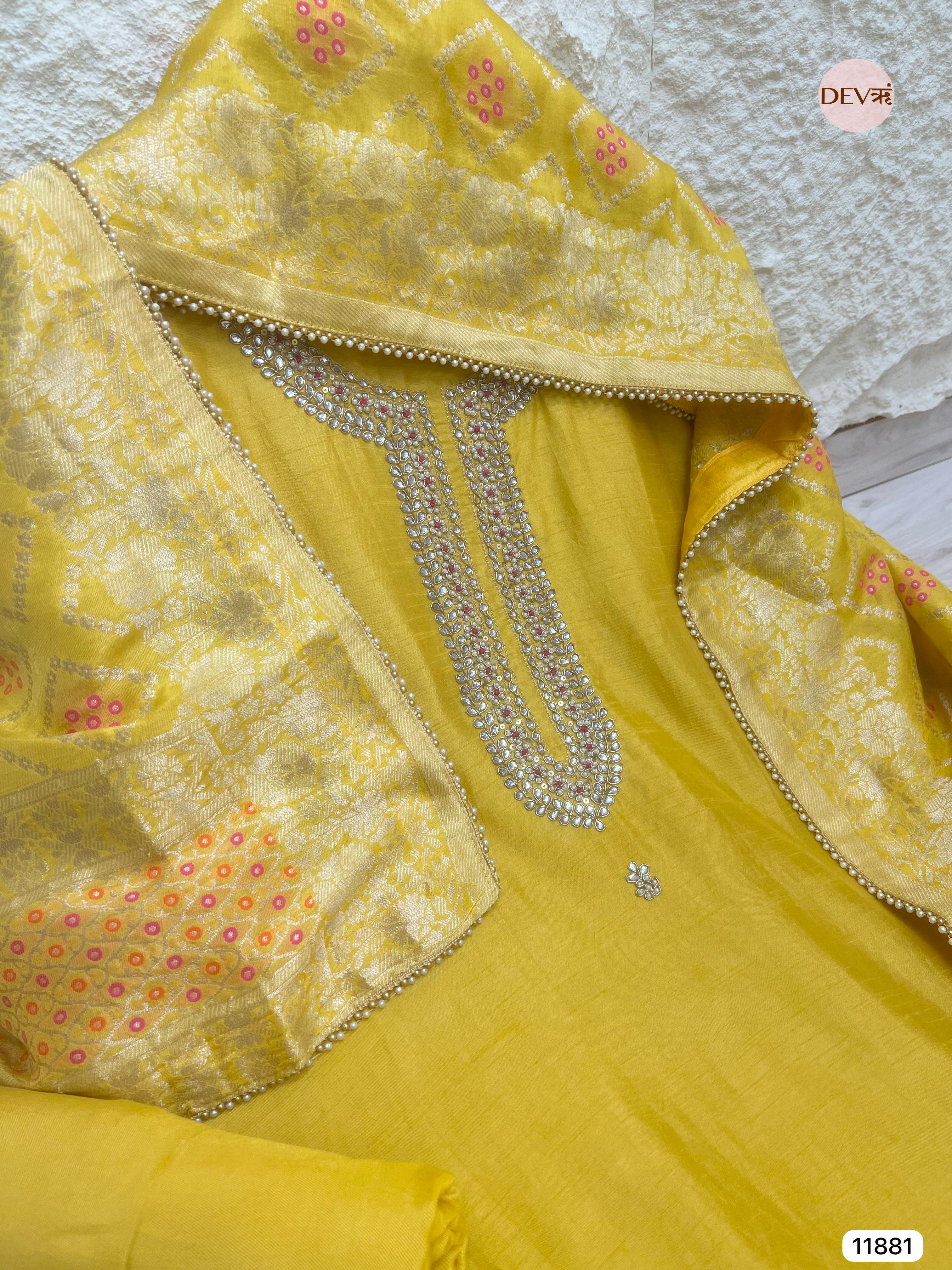 Yellow Pure Dola Silk Unstitched Banarasi Woven Hand Embroidered -Set Of 3- {11881}