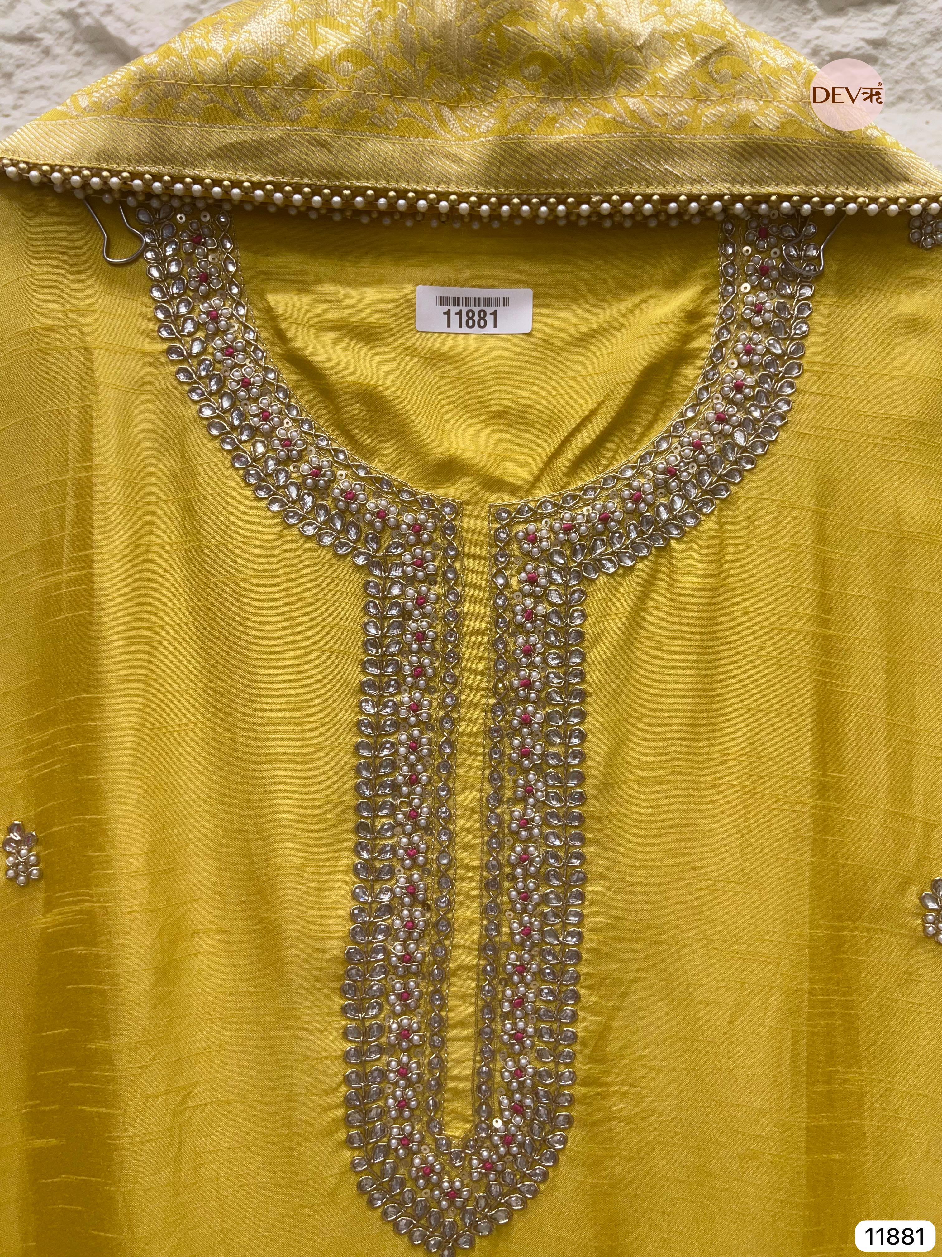 Yellow Pure Dola Silk Unstitched Banarasi Woven Hand Embroidered -Set Of 3- {11881}