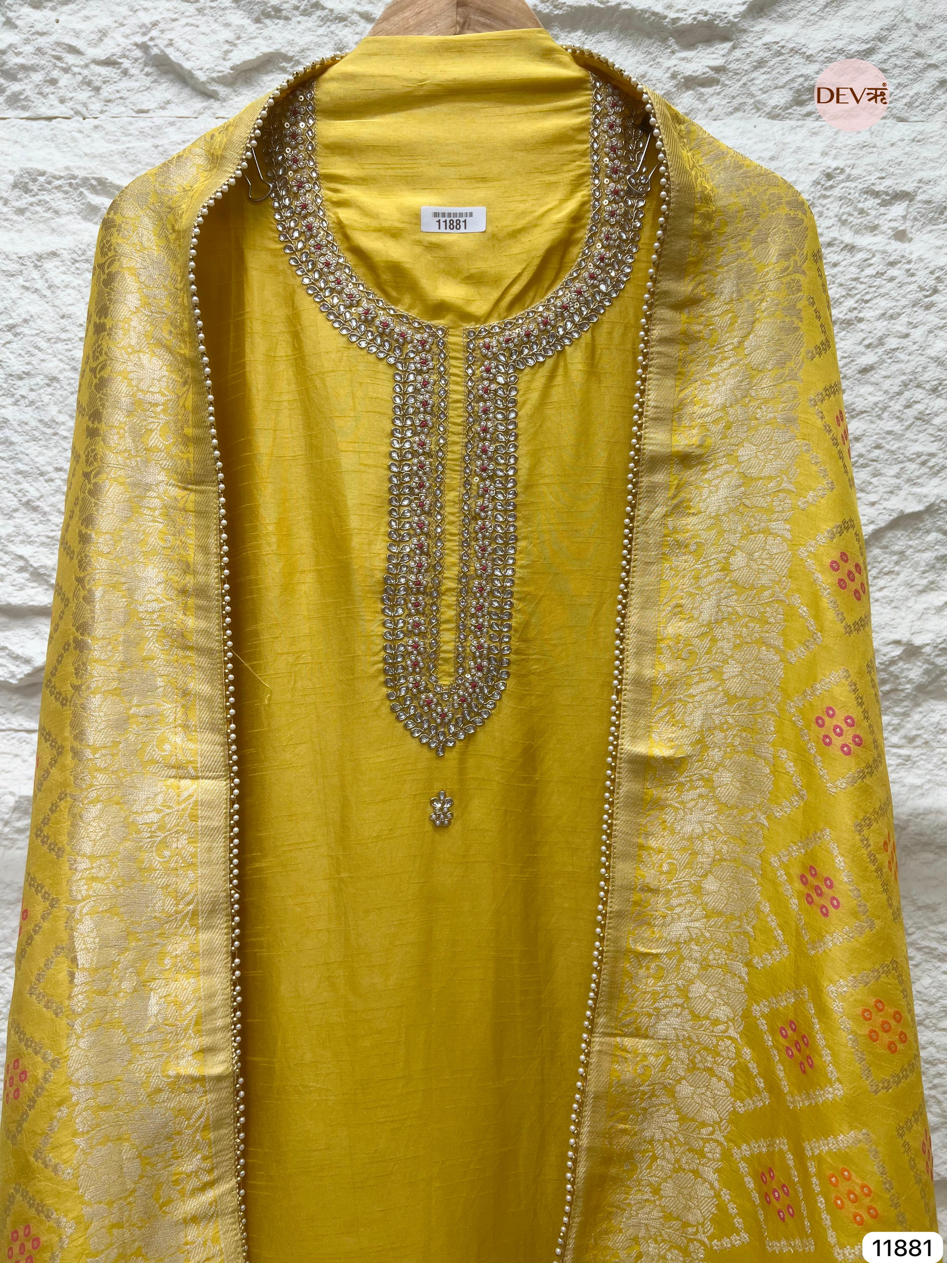 Yellow Pure Dola Silk Unstitched Banarasi Woven Hand Embroidered -Set Of 3- {11881}
