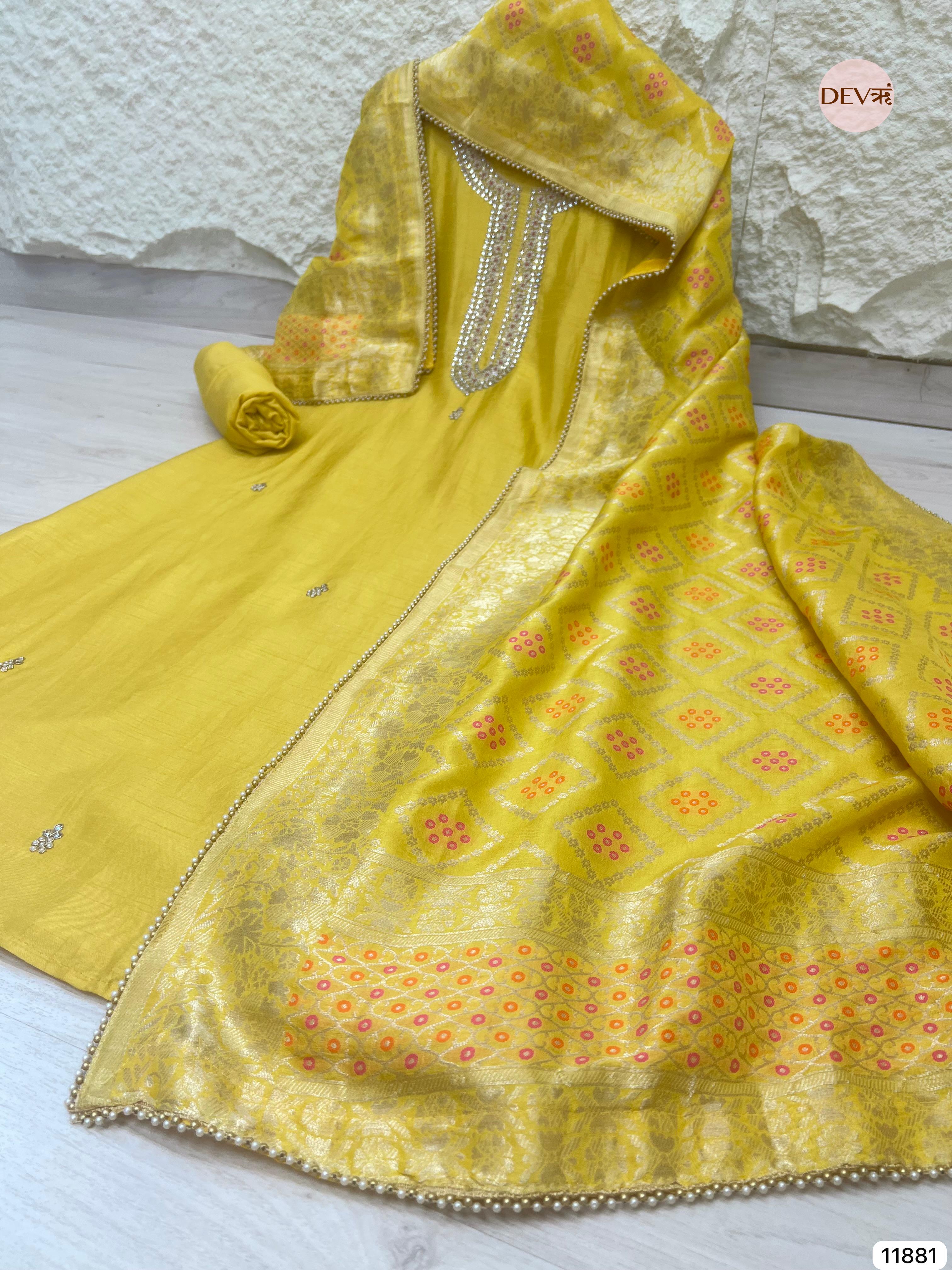 Yellow Pure Dola Silk Unstitched Banarasi Woven Hand Embroidered -Set Of 3- {11881}
