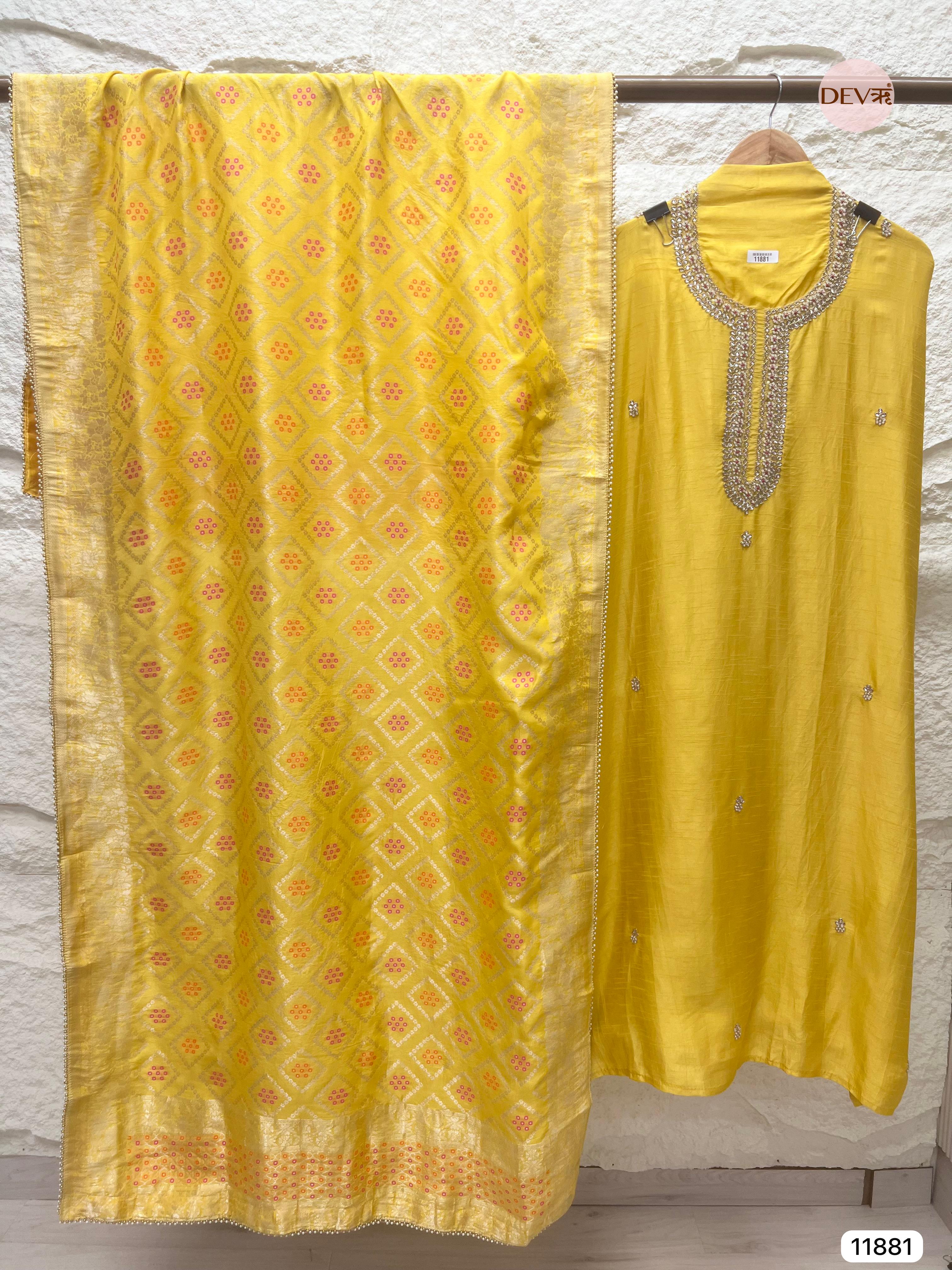 Yellow Pure Dola Silk Unstitched Banarasi Woven Hand Embroidered -Set Of 3- {11881}