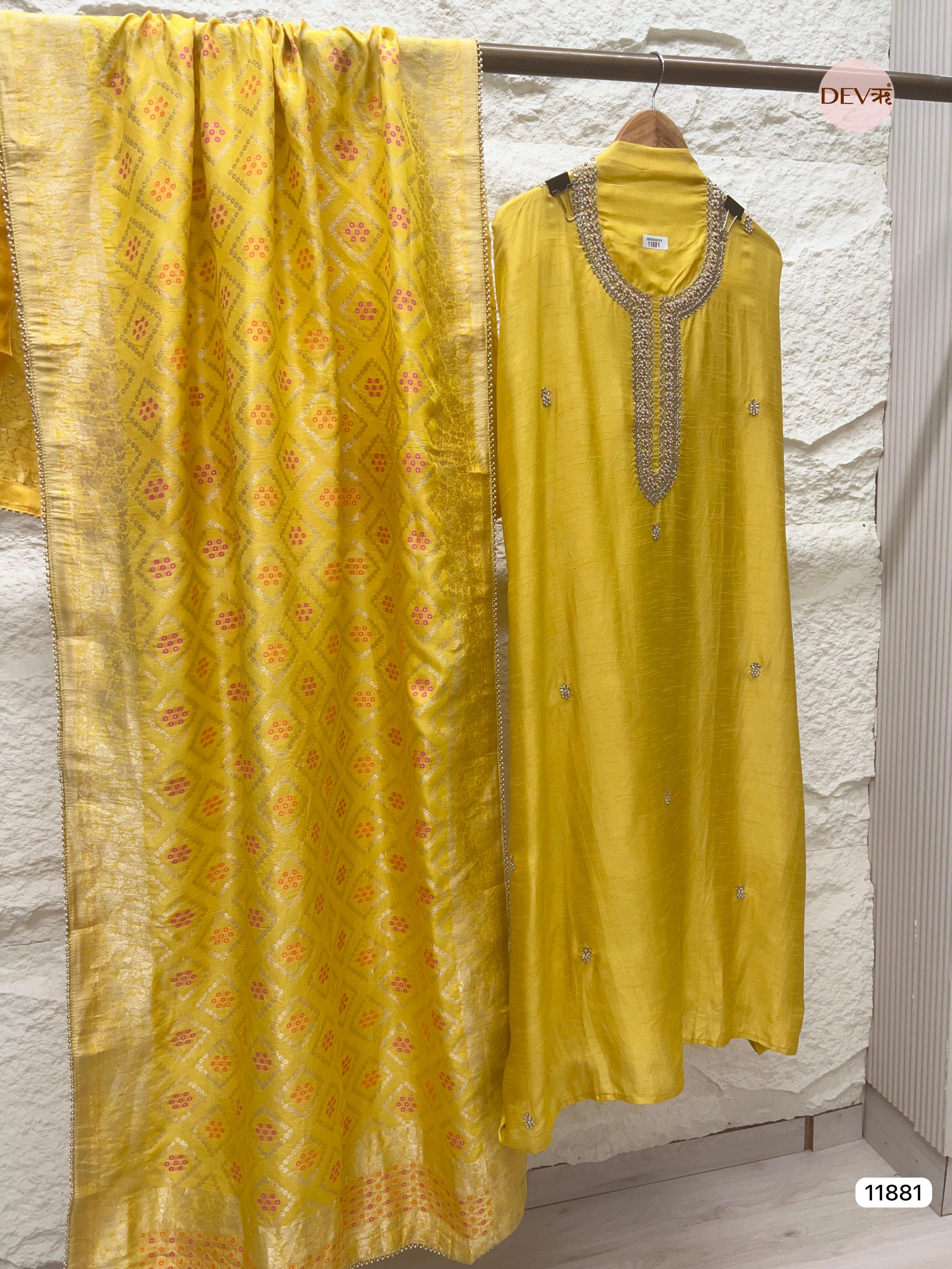 Yellow Pure Dola Silk Unstitched Banarasi Woven Hand Embroidered -Set Of 3- {11881}