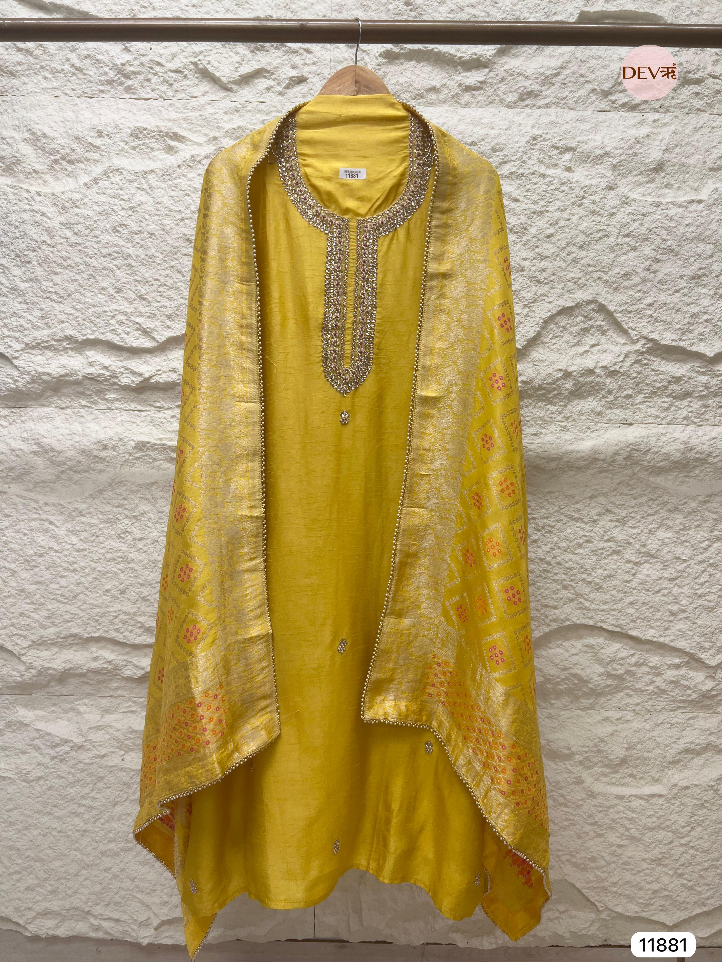 Yellow Pure Dola Silk Unstitched Banarasi Woven Hand Embroidered -Set Of 3- {11881}