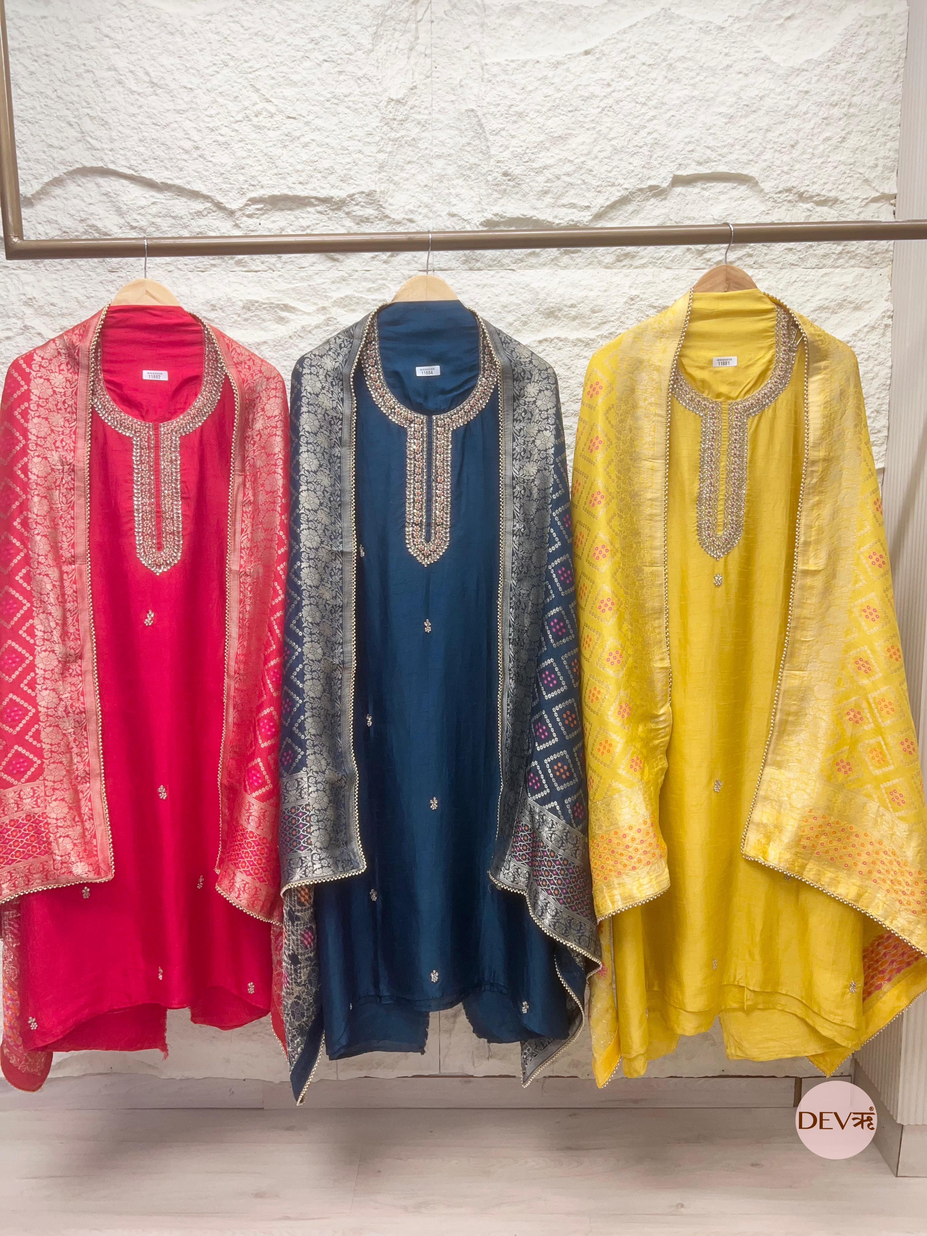 Yellow Pure Dola Silk Unstitched Banarasi Woven Hand Embroidered -Set Of 3- {11881}