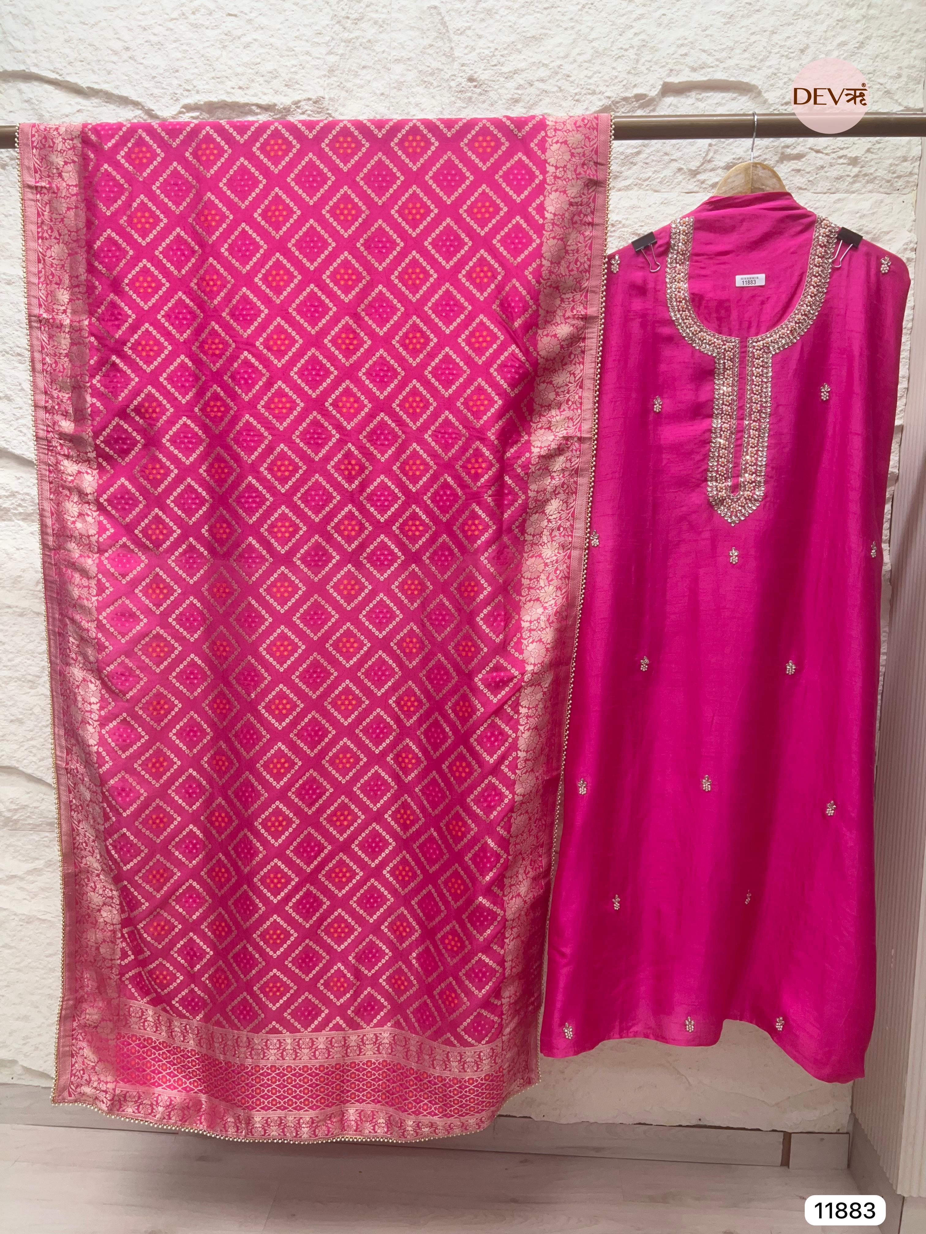 Pink Pure Dola Silk Unstitched Banarasi Woven Hand Embroidered -Set Of 3- {11883}