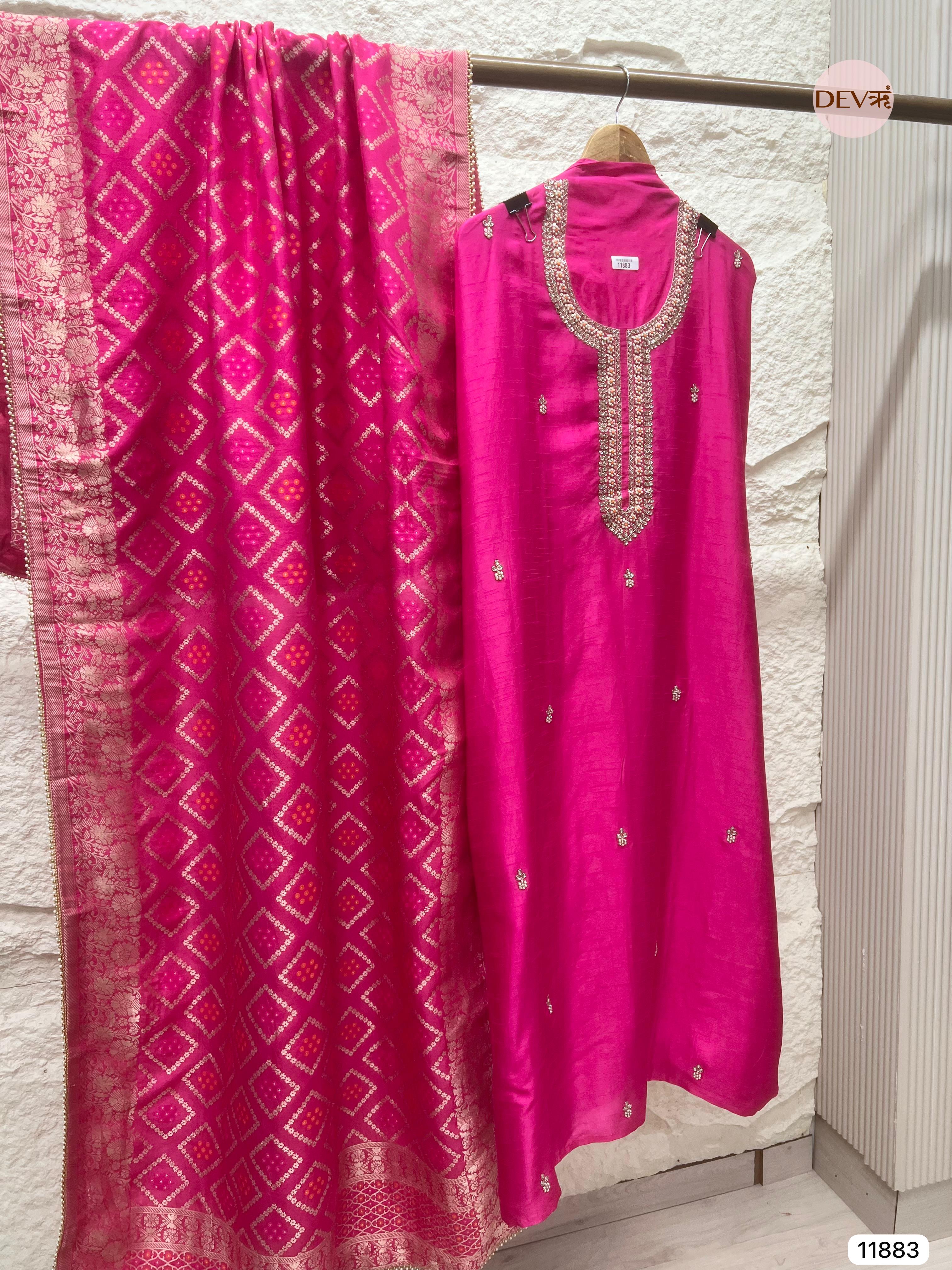 Pink Pure Dola Silk Unstitched Banarasi Woven Hand Embroidered -Set Of 3- {11883}