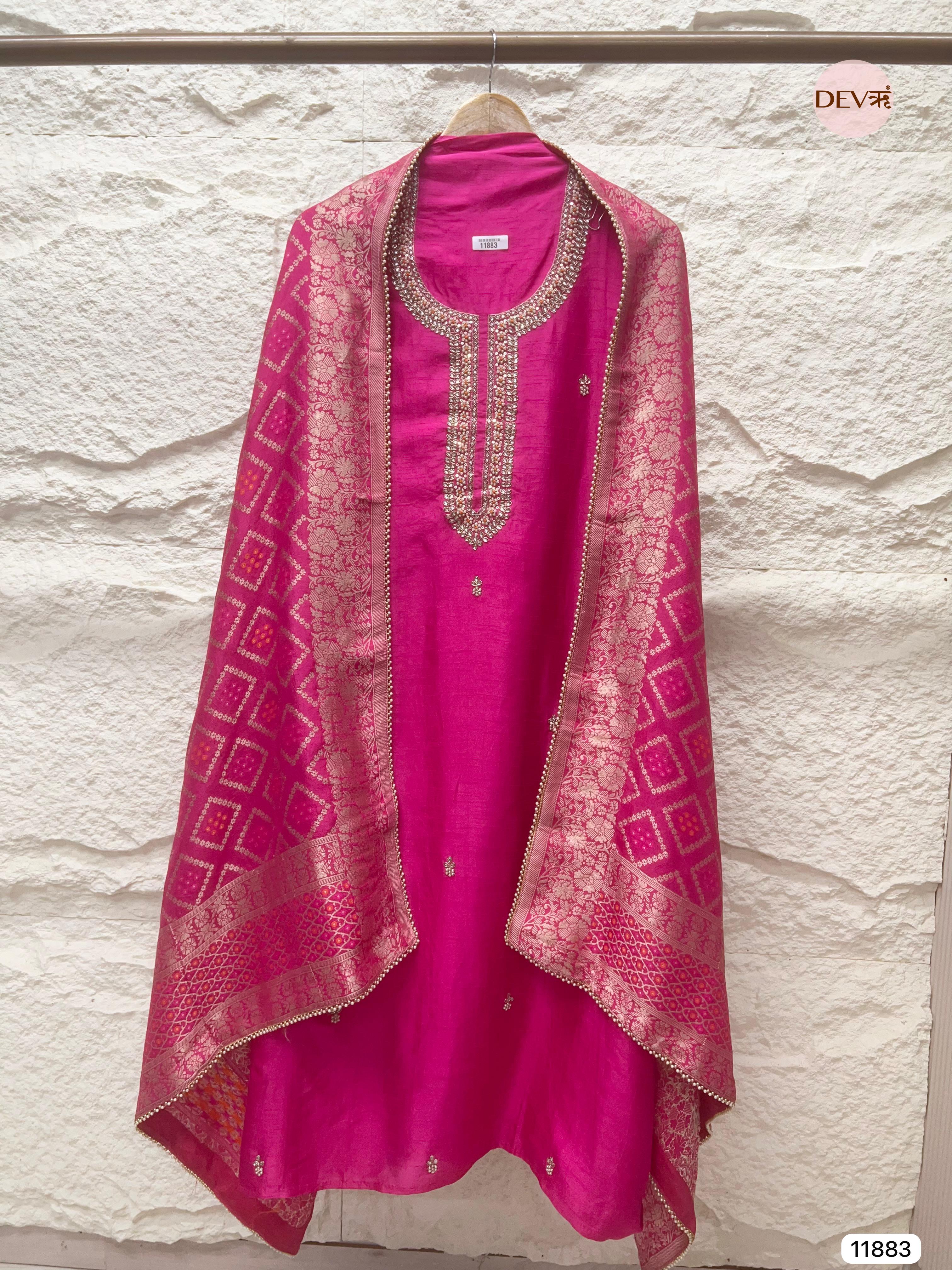 Pink Pure Dola Silk Unstitched Banarasi Woven Hand Embroidered -Set Of 3- {11883}