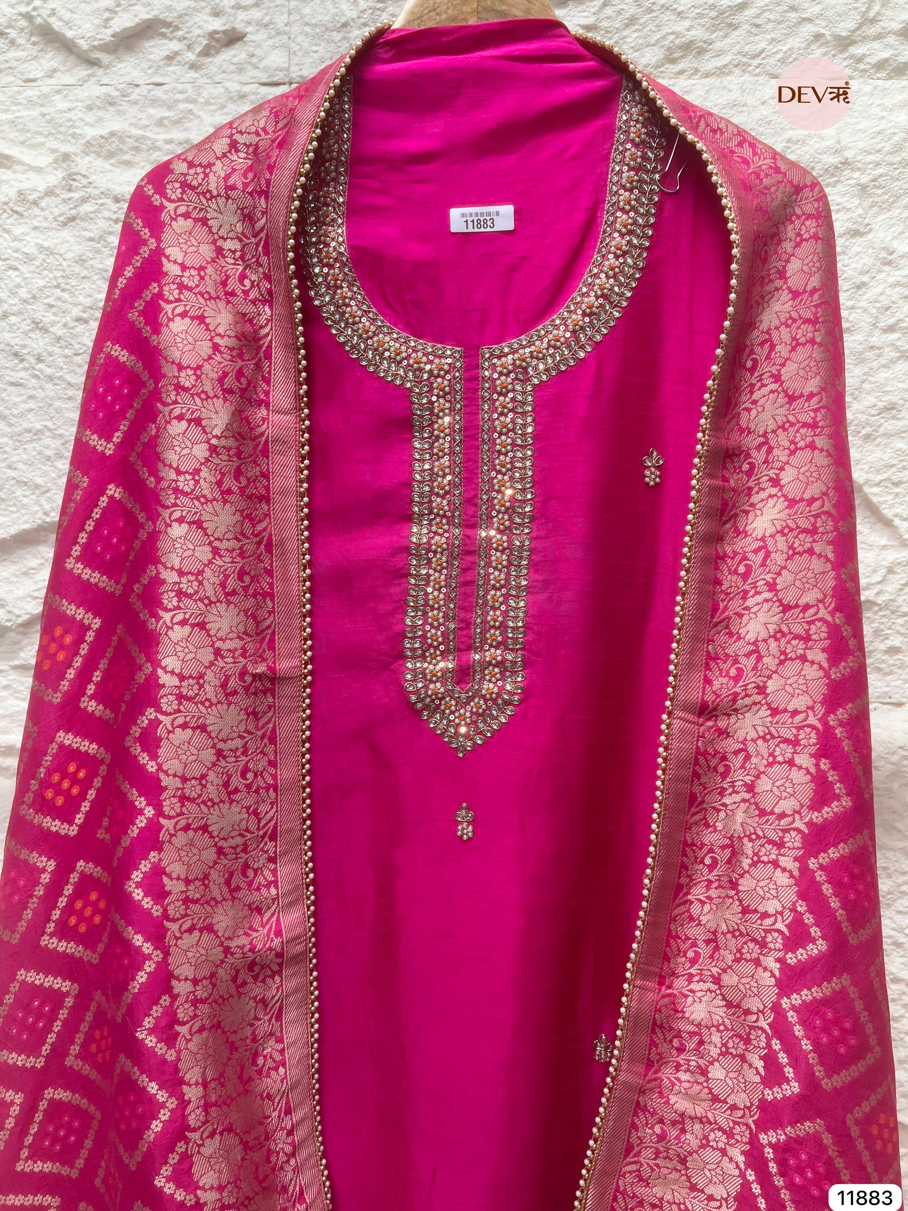 Pink Pure Dola Silk Unstitched Banarasi Woven Hand Embroidered -Set Of 3- {11883}