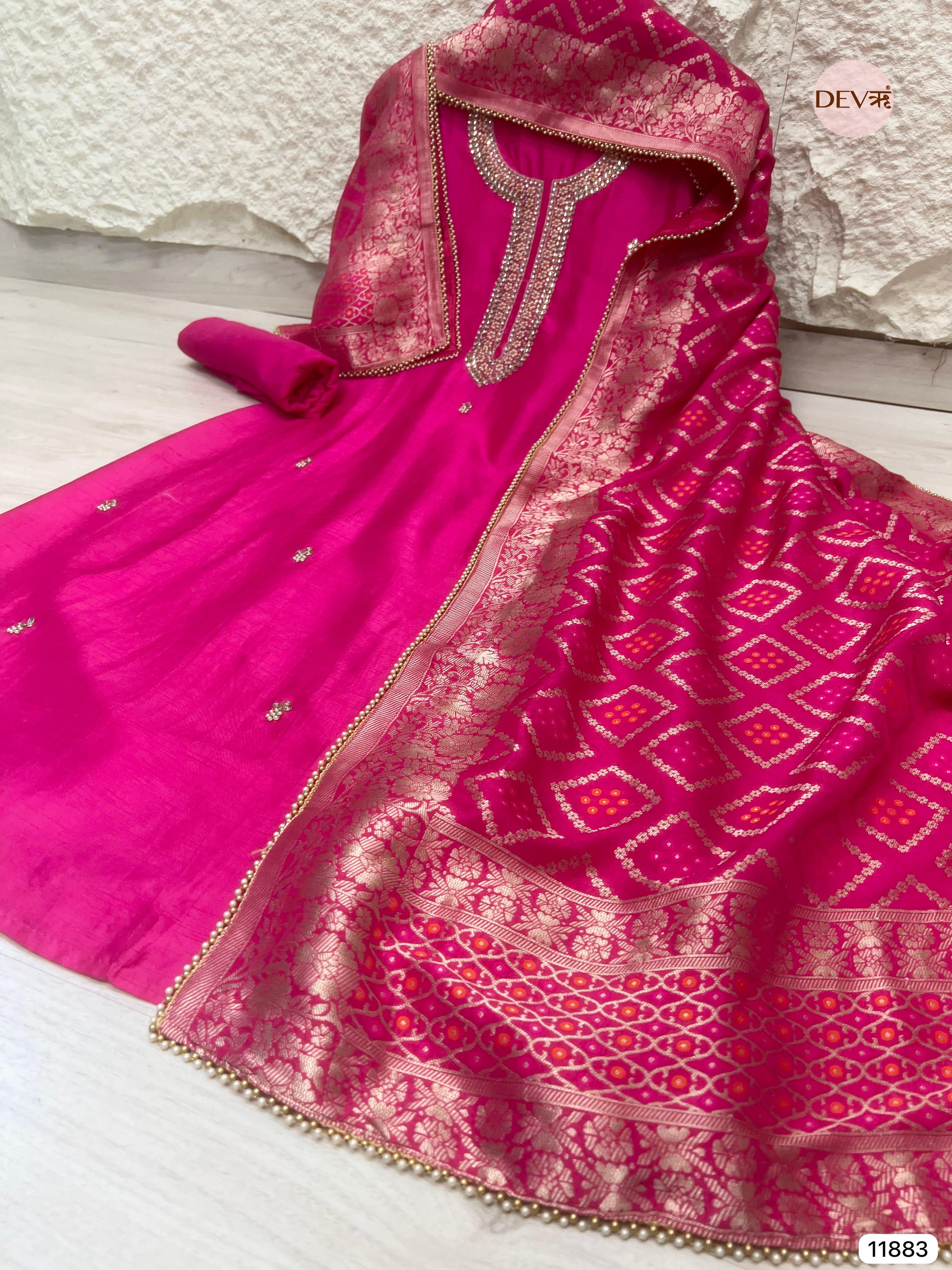 Pink Pure Dola Silk Unstitched Banarasi Woven Hand Embroidered -Set Of 3- {11883}