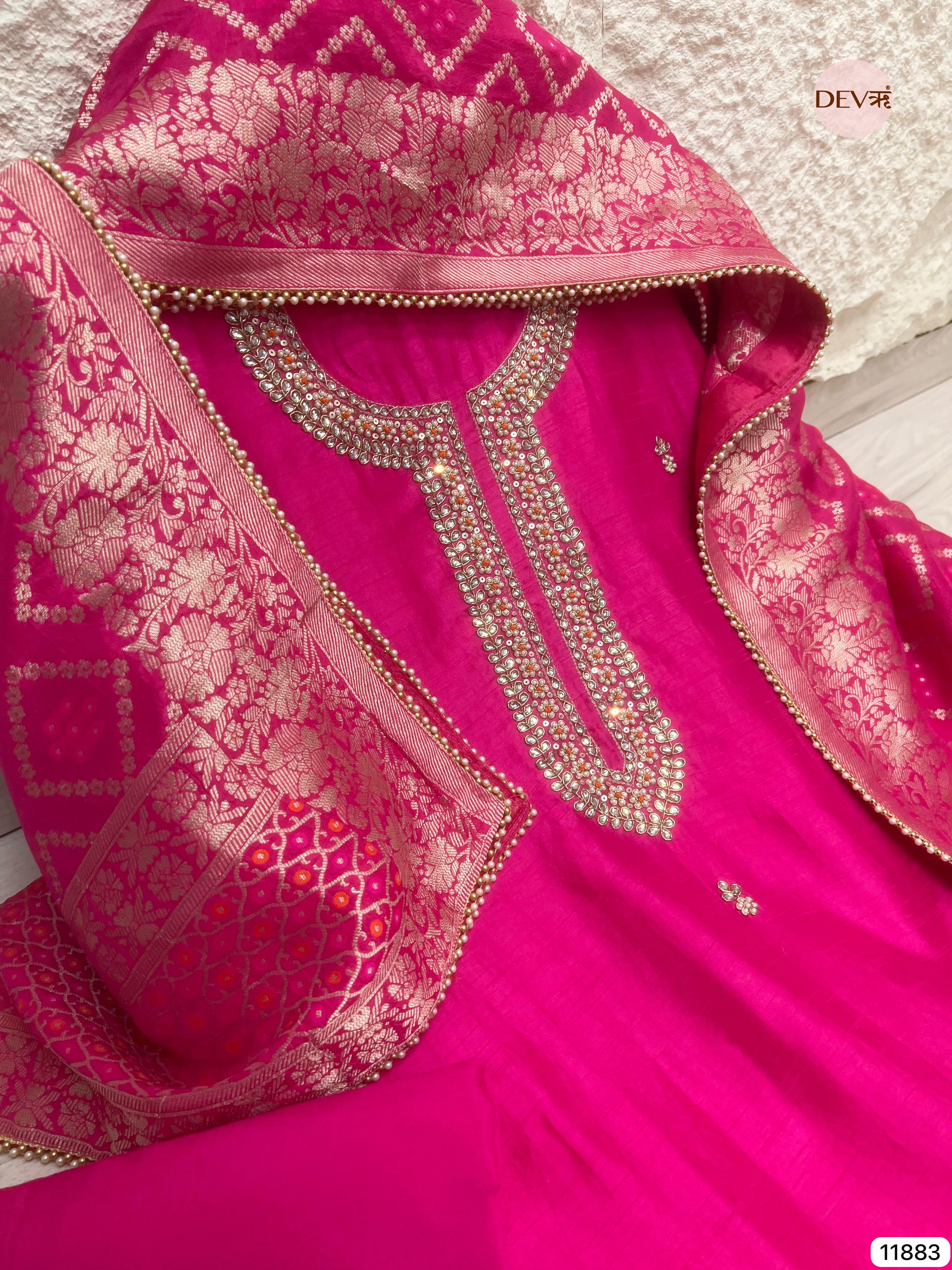 Pink Pure Dola Silk Unstitched Banarasi Woven Hand Embroidered -Set Of 3- {11883}