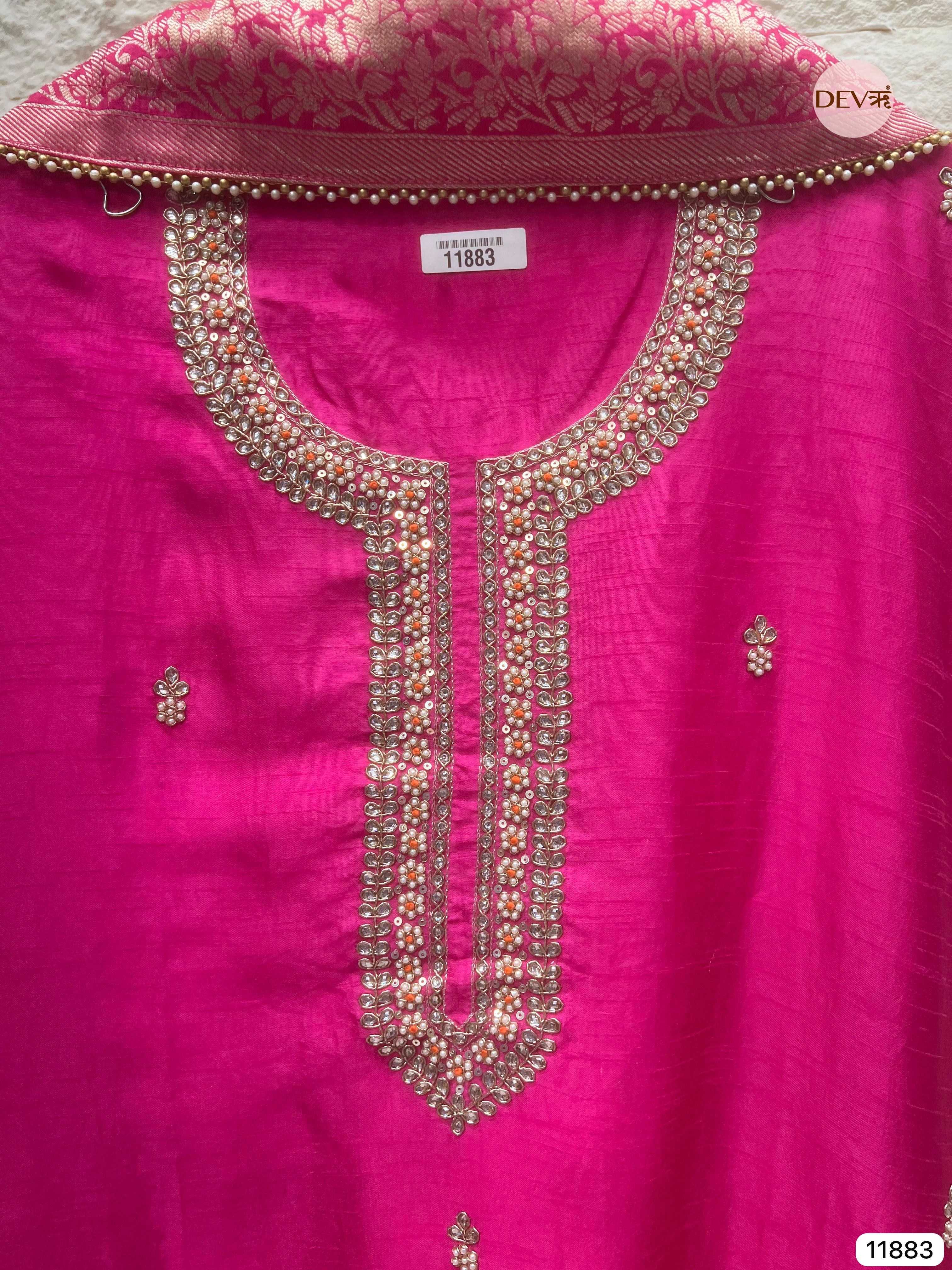 Pink Pure Dola Silk Unstitched Banarasi Woven Hand Embroidered -Set Of 3- {11883}