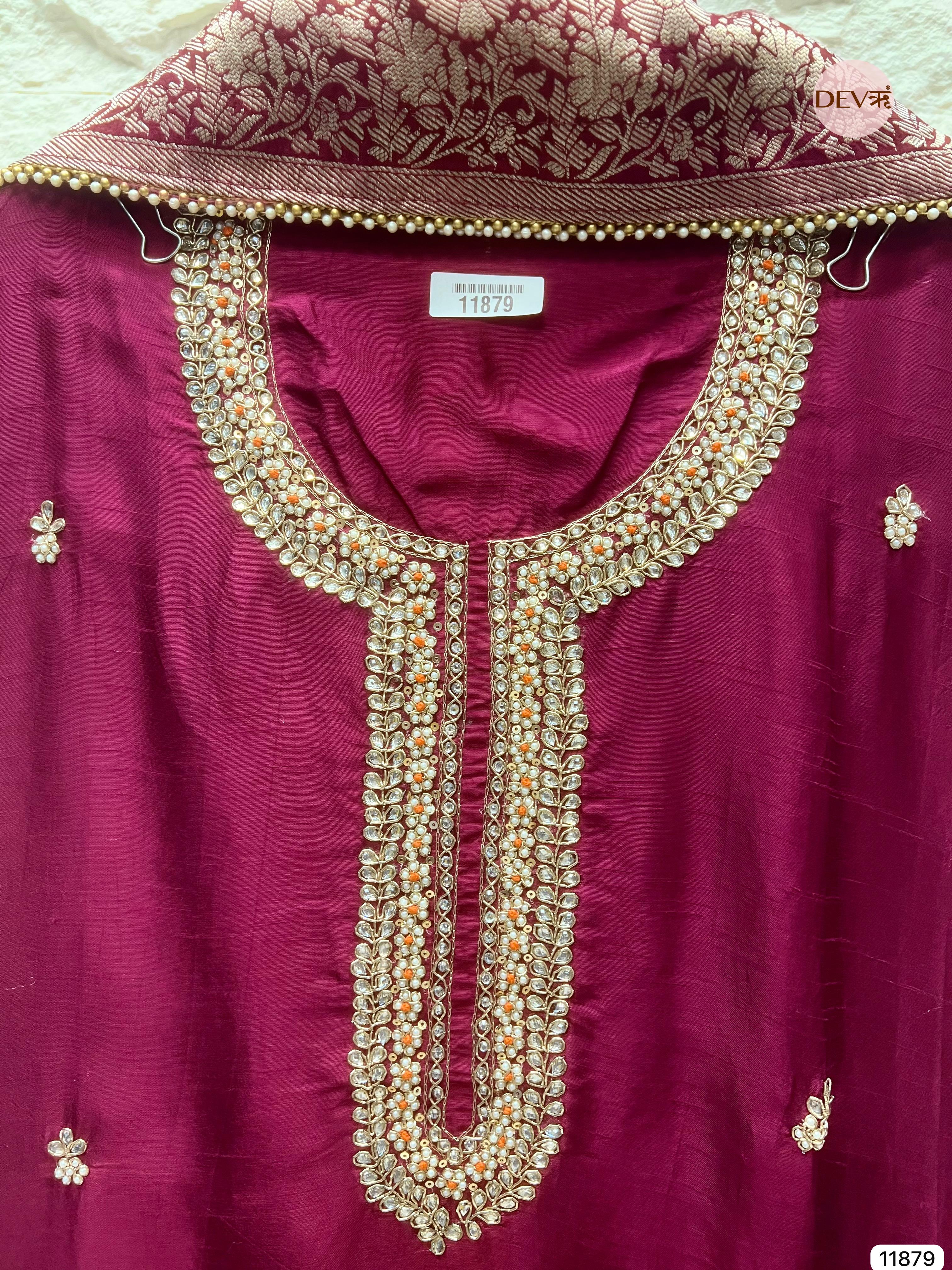 Magenta Pink Pure Dola Silk Unstitched Banarasi Woven Hand Embroidered -Set Of 3- {11879}