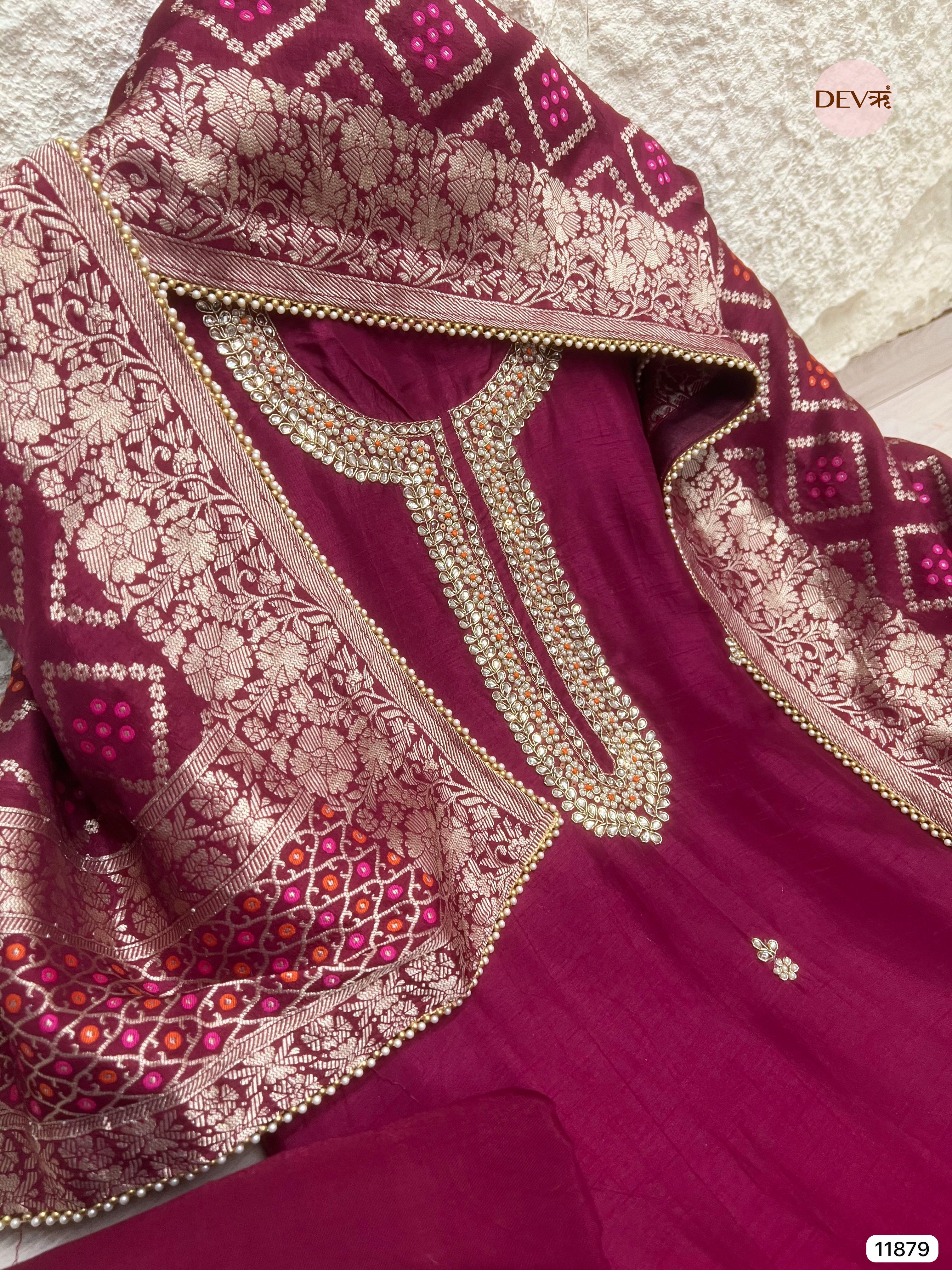 Magenta Pink Pure Dola Silk Unstitched Banarasi Woven Hand Embroidered -Set Of 3- {11879}