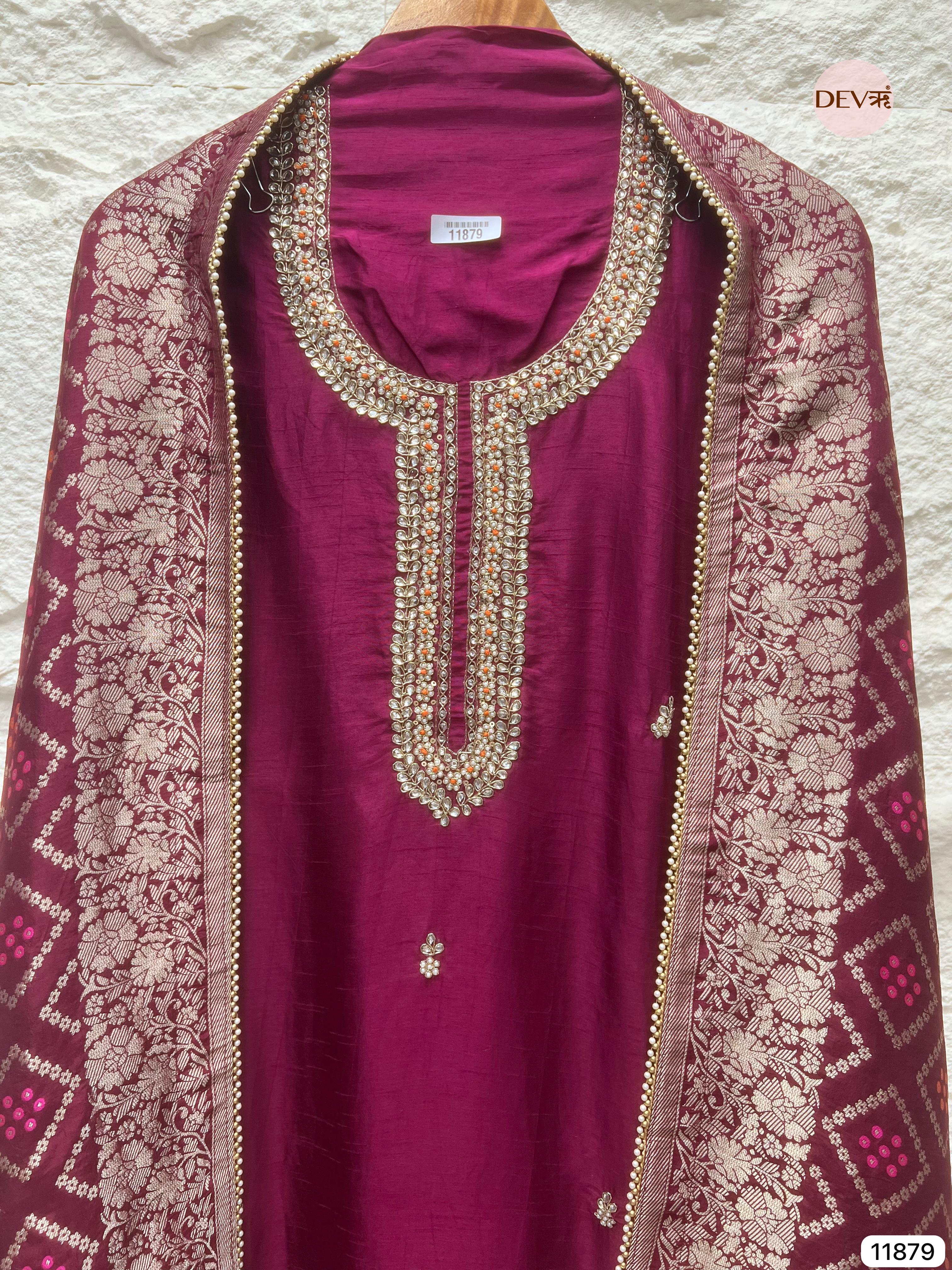 Magenta Pink Pure Dola Silk Unstitched Banarasi Woven Hand Embroidered -Set Of 3- {11879}