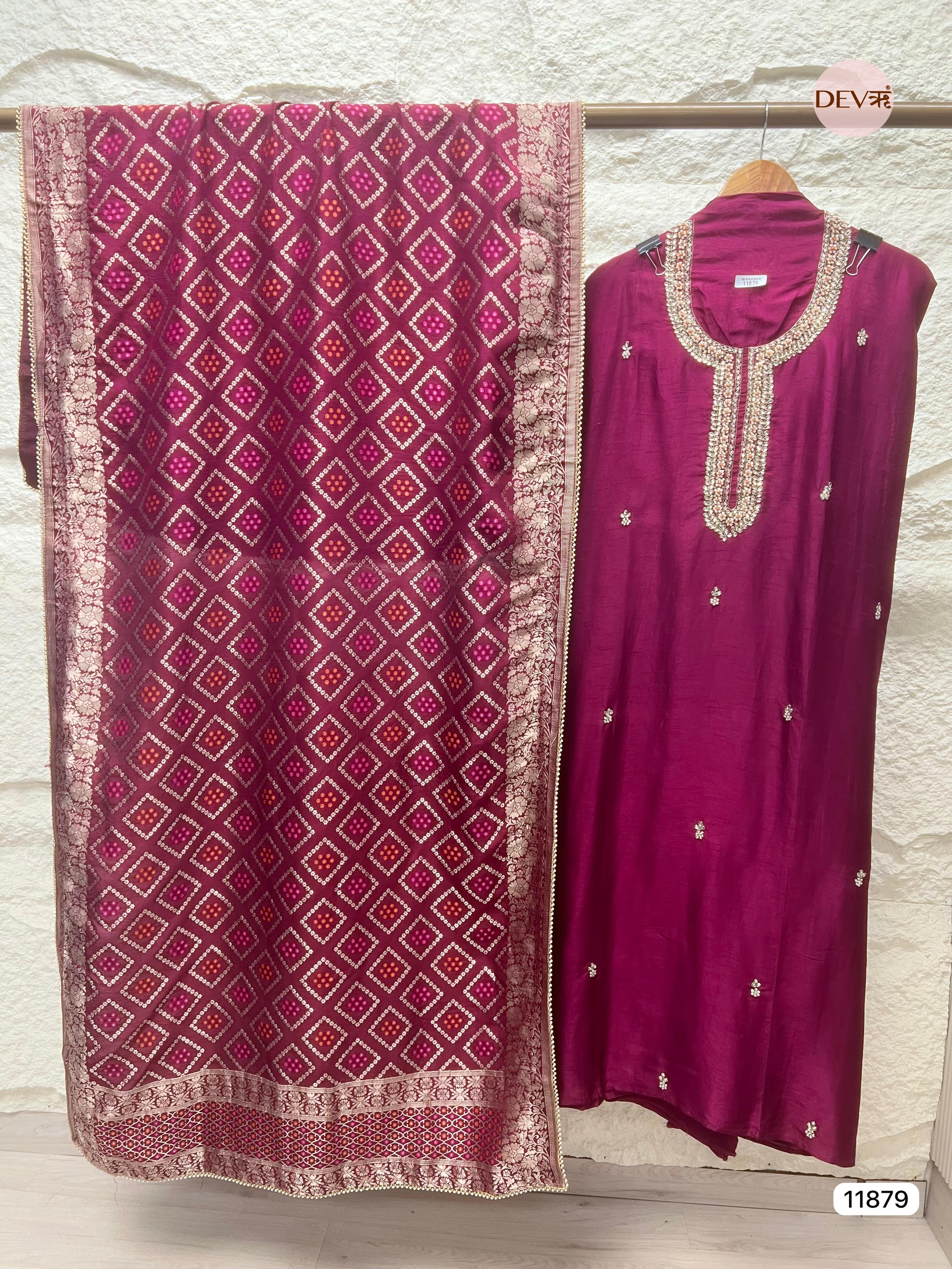 Magenta Pink Pure Dola Silk Unstitched Banarasi Woven Hand Embroidered -Set Of 3- {11879}