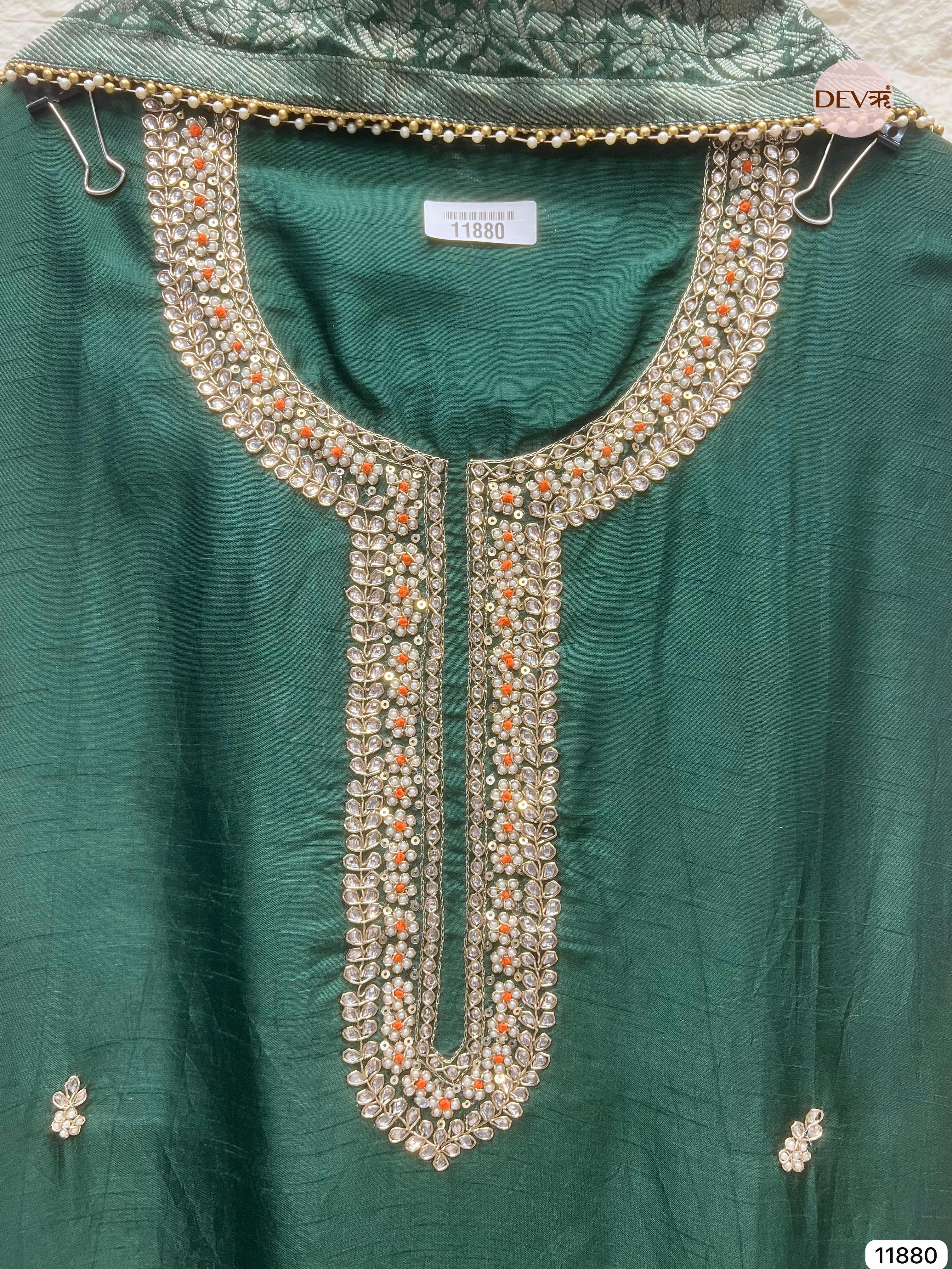 Green Pure Dola Silk Unstitched Banarasi Woven Hand Embroidered -Set Of - {11880}
