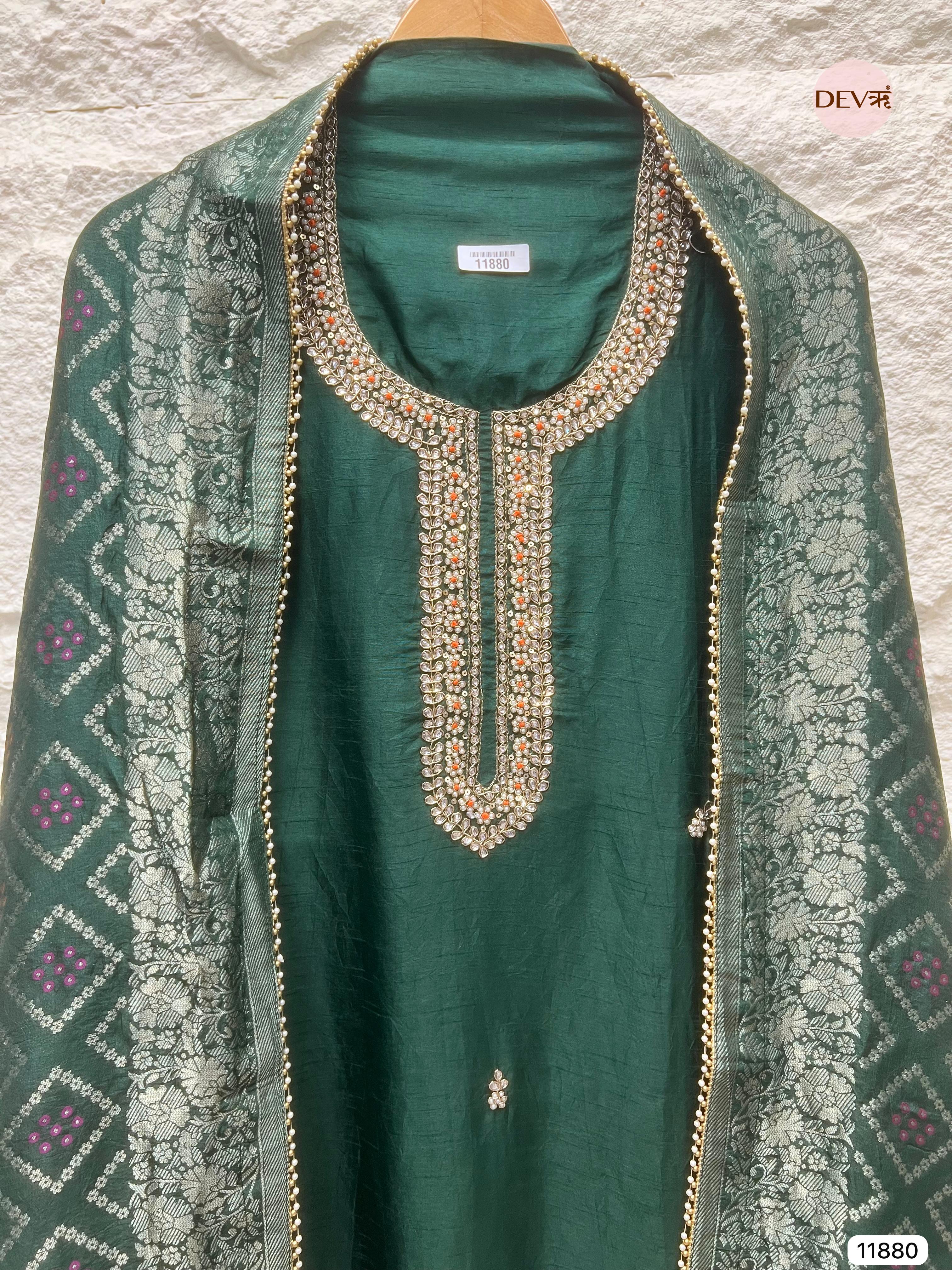 Green Pure Dola Silk Unstitched Banarasi Woven Hand Embroidered -Set Of - {11880}