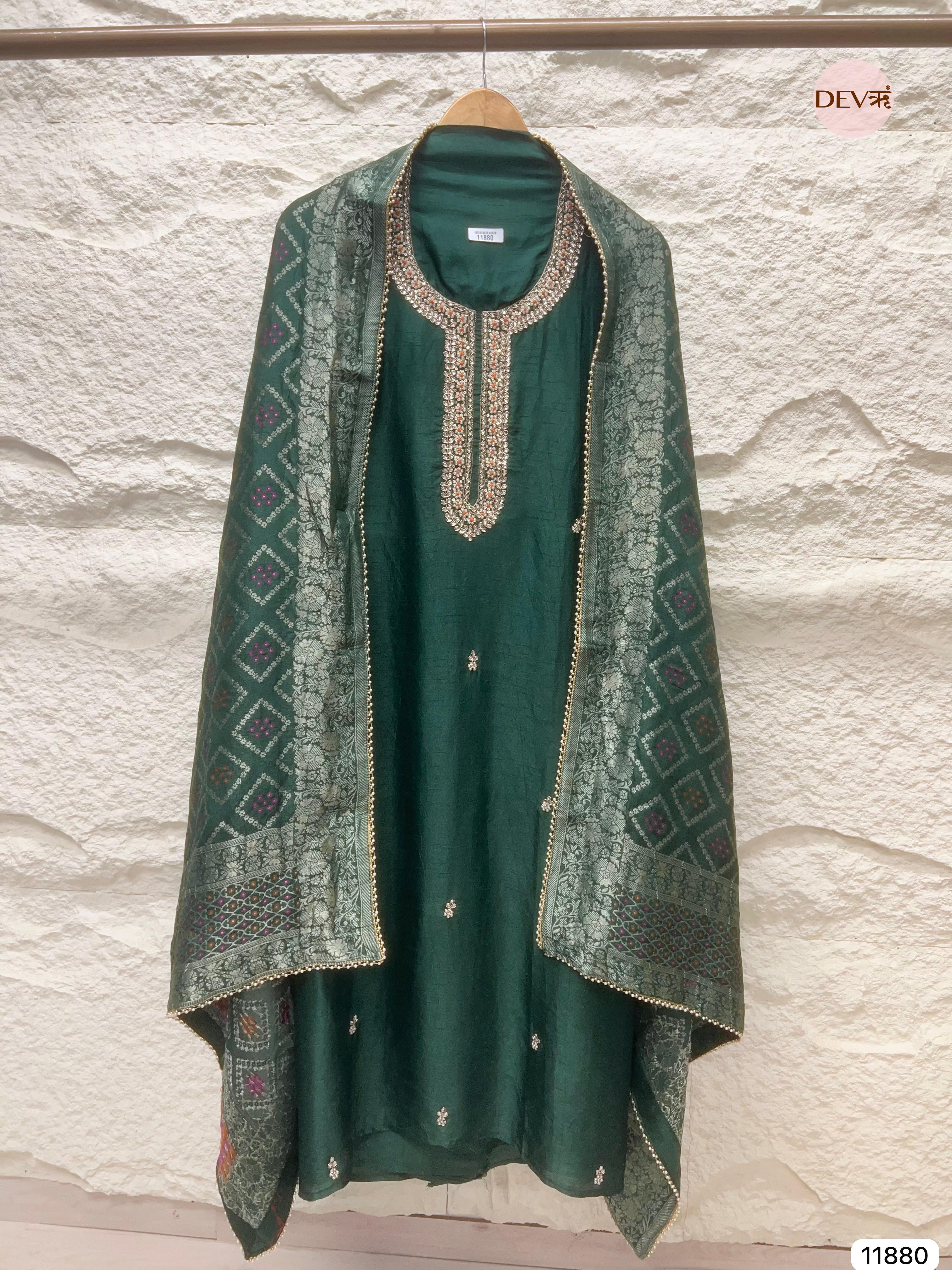 Green Pure Dola Silk Unstitched Banarasi Woven Hand Embroidered -Set Of - {11880}