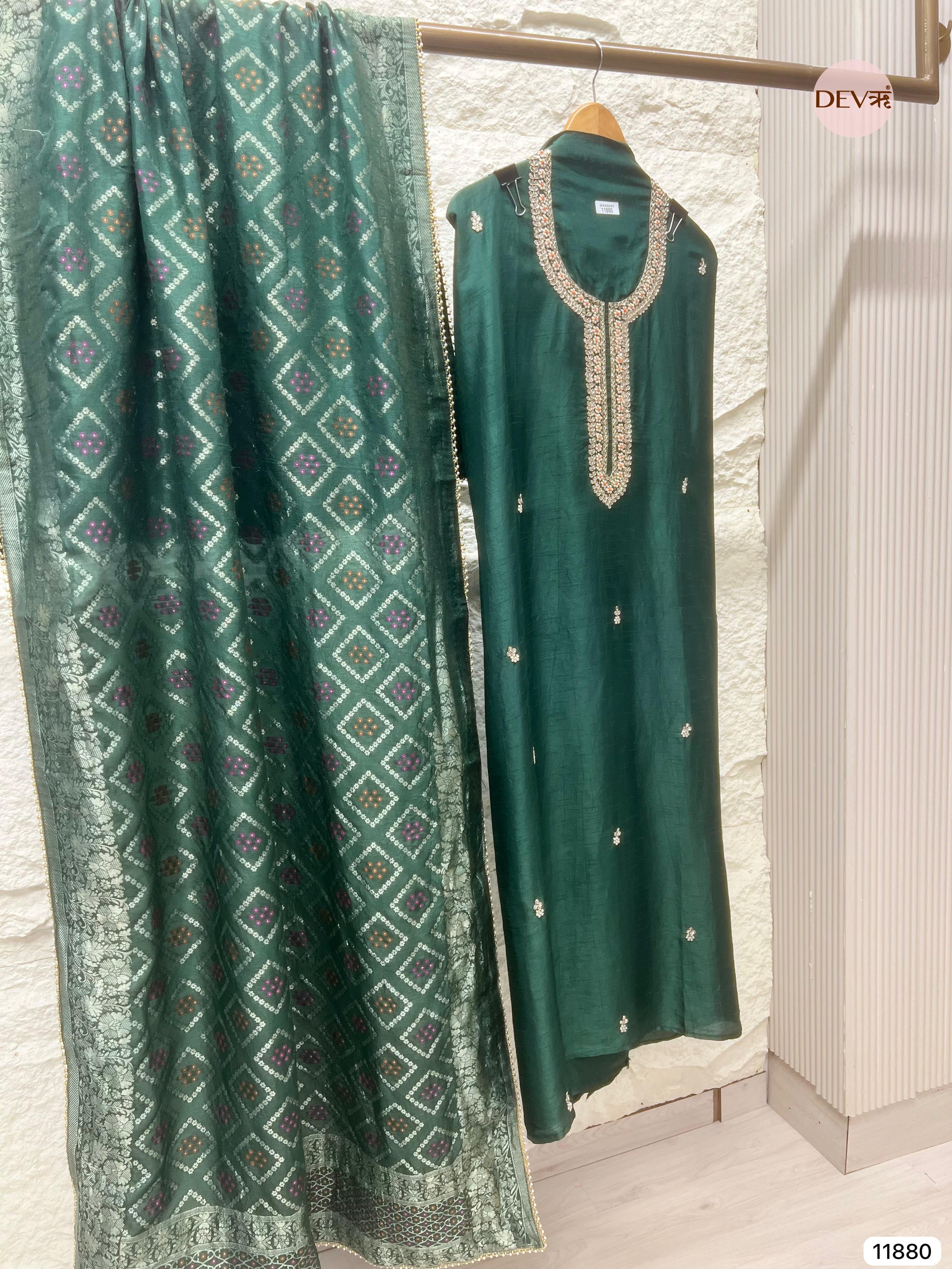 Green Pure Dola Silk Unstitched Banarasi Woven Hand Embroidered -Set Of - {11880}