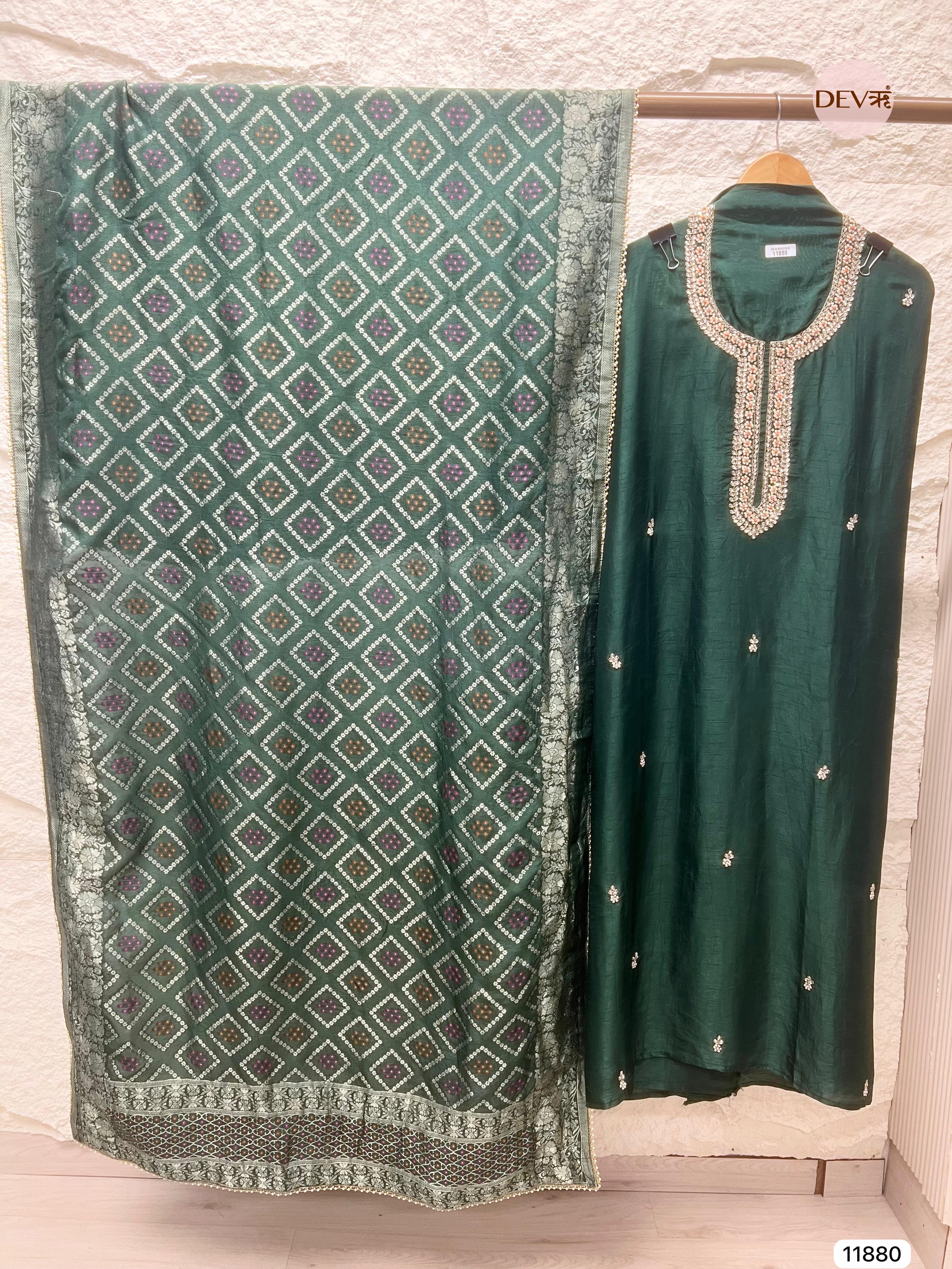 Green Pure Dola Silk Unstitched Banarasi Woven Hand Embroidered -Set Of - {11880}