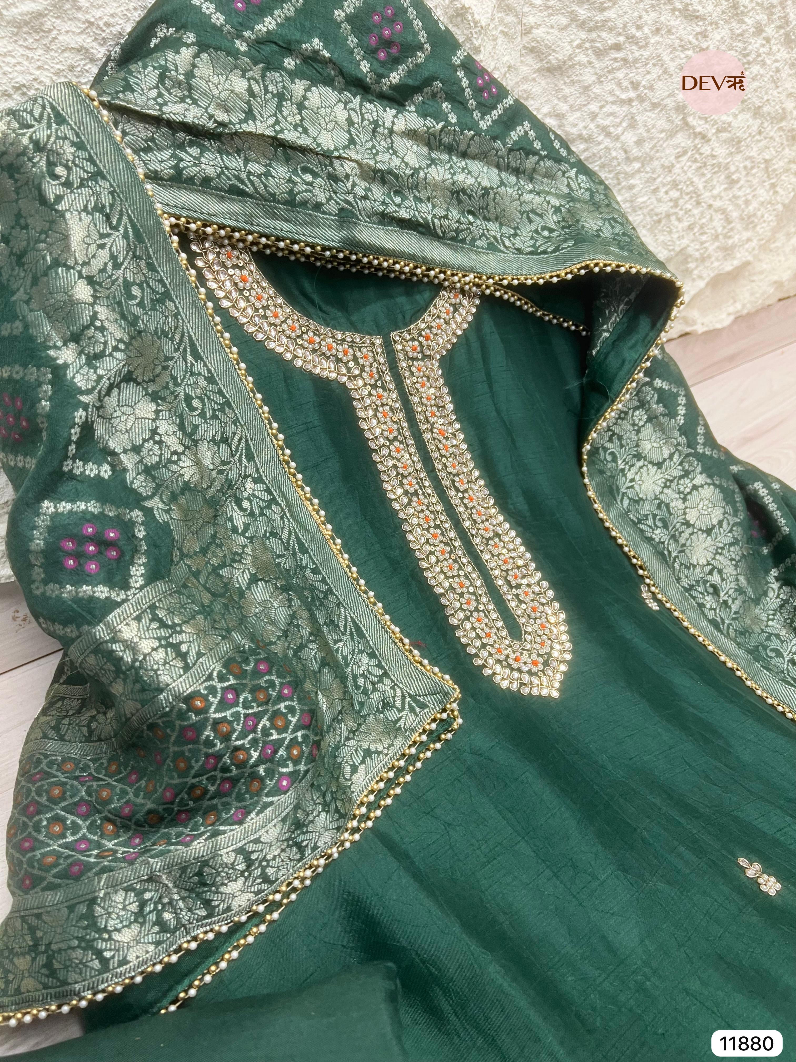 Green Pure Dola Silk Unstitched Banarasi Woven Hand Embroidered -Set Of - {11880}