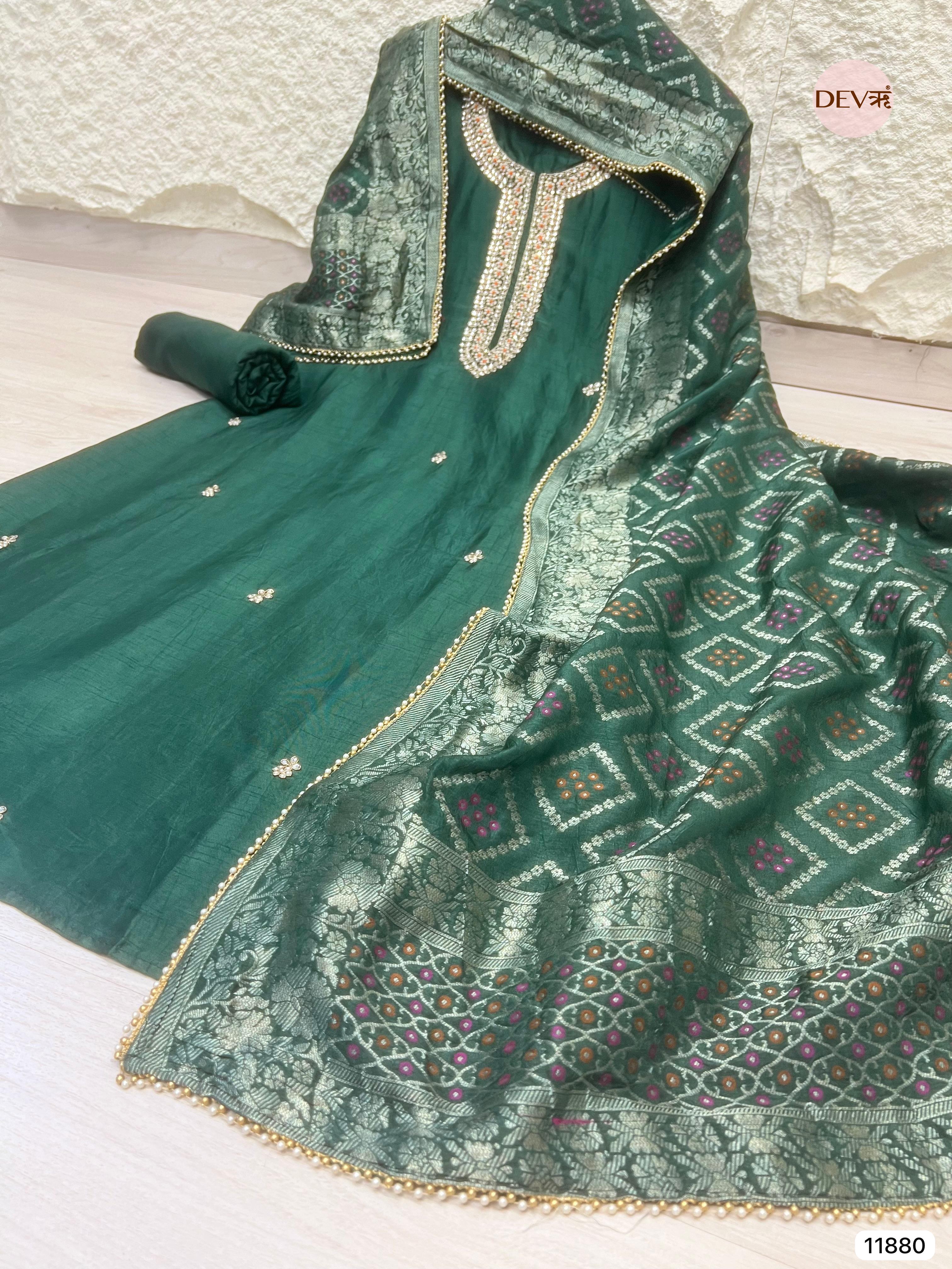 Green Pure Dola Silk Unstitched Banarasi Woven Hand Embroidered -Set Of - {11880}