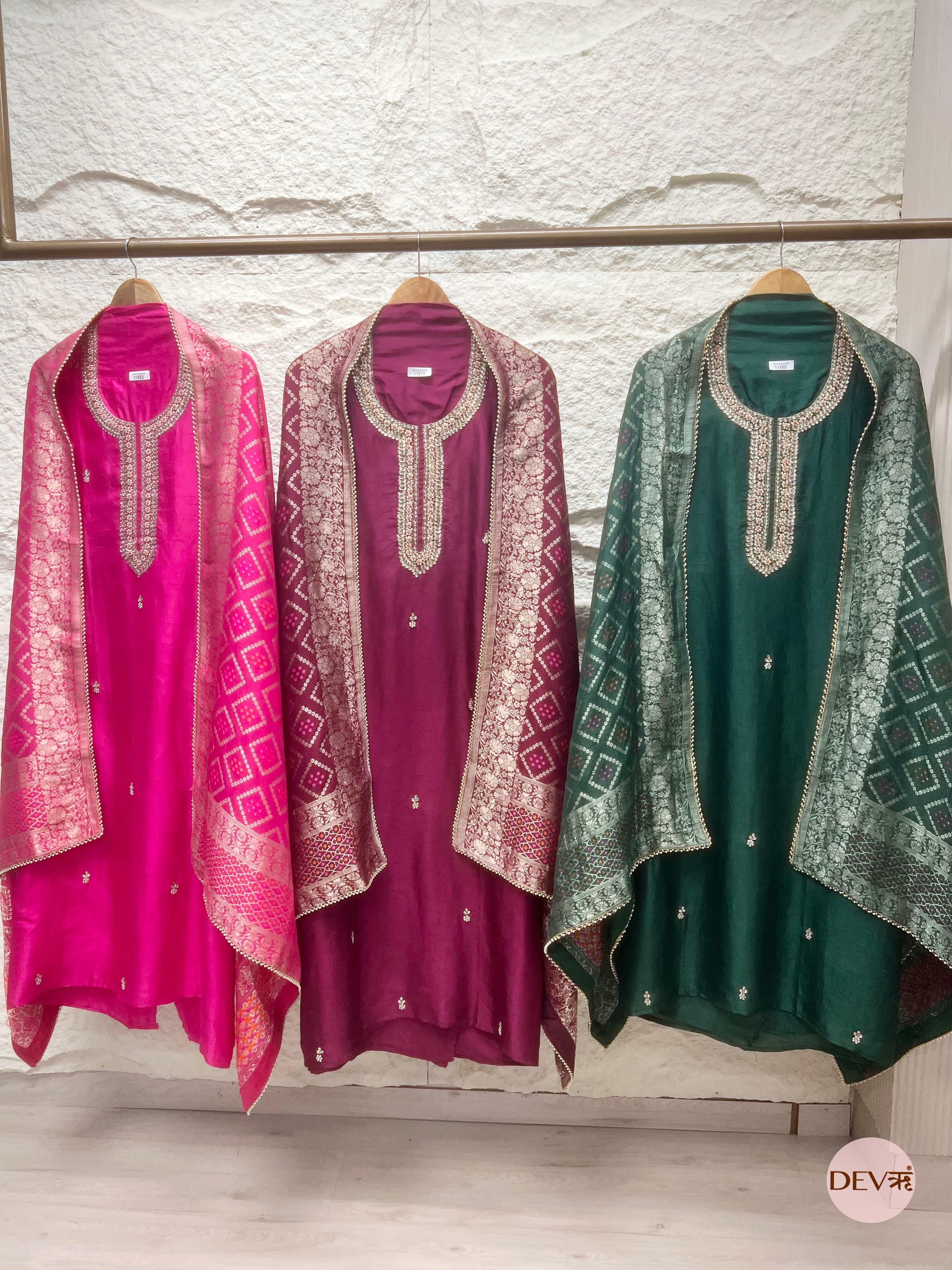 Green Pure Dola Silk Unstitched Banarasi Woven Hand Embroidered -Set Of - {11880}