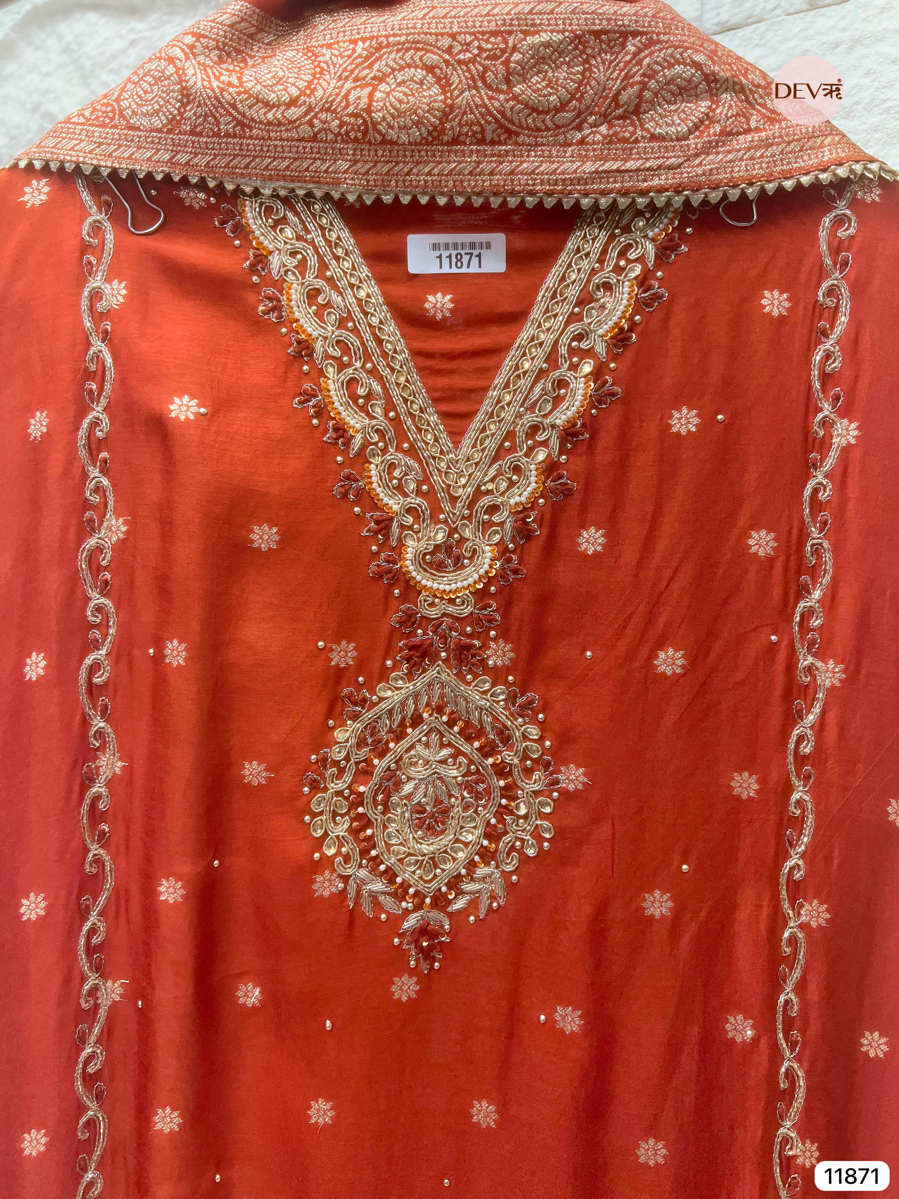 Red Pure Dola Silk Unstitched Banarasi Woven Hand Embroidered -Set Of 3- {11871}