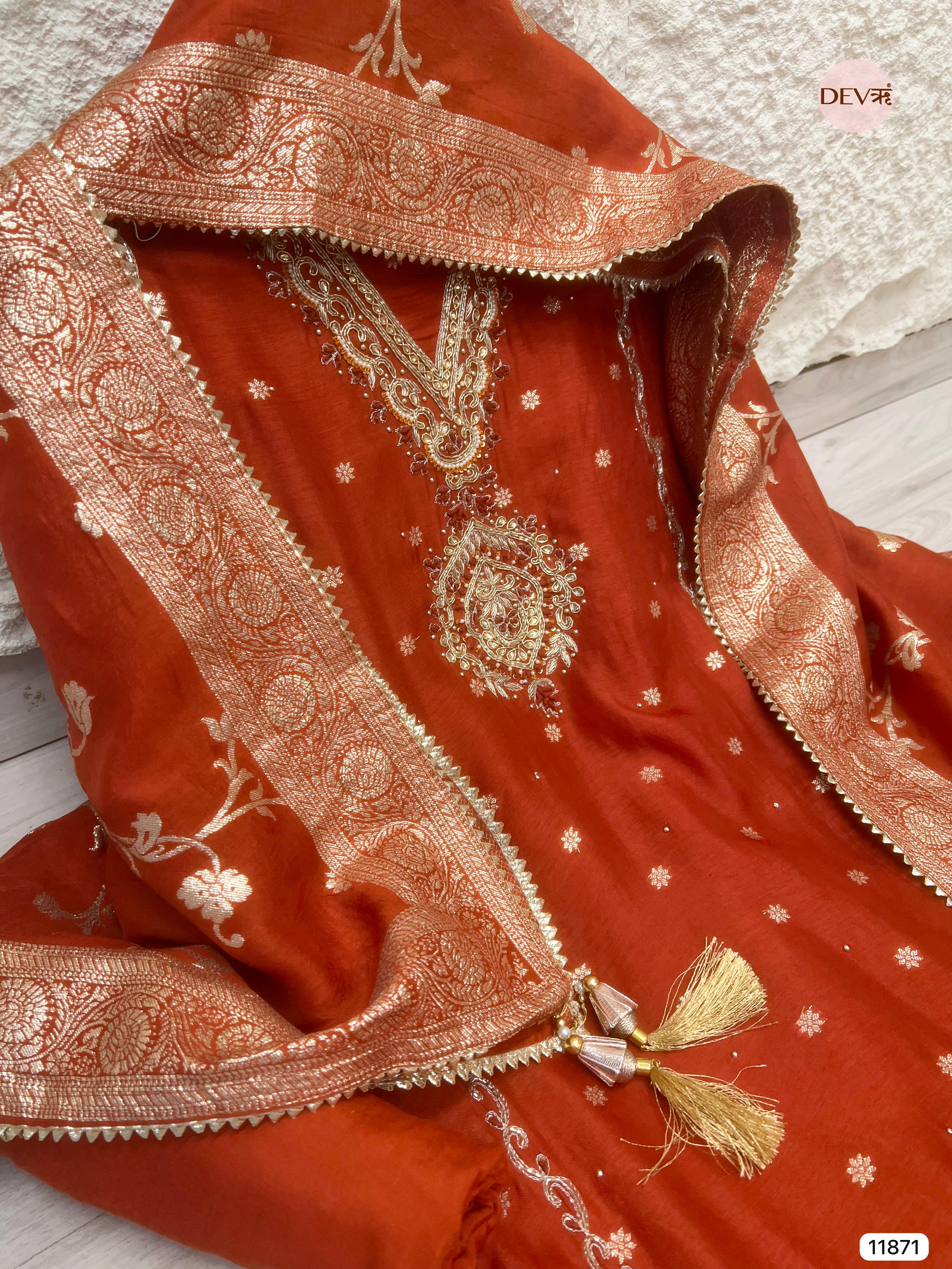 Red Pure Dola Silk Unstitched Banarasi Woven Hand Embroidered -Set Of 3- {11871}
