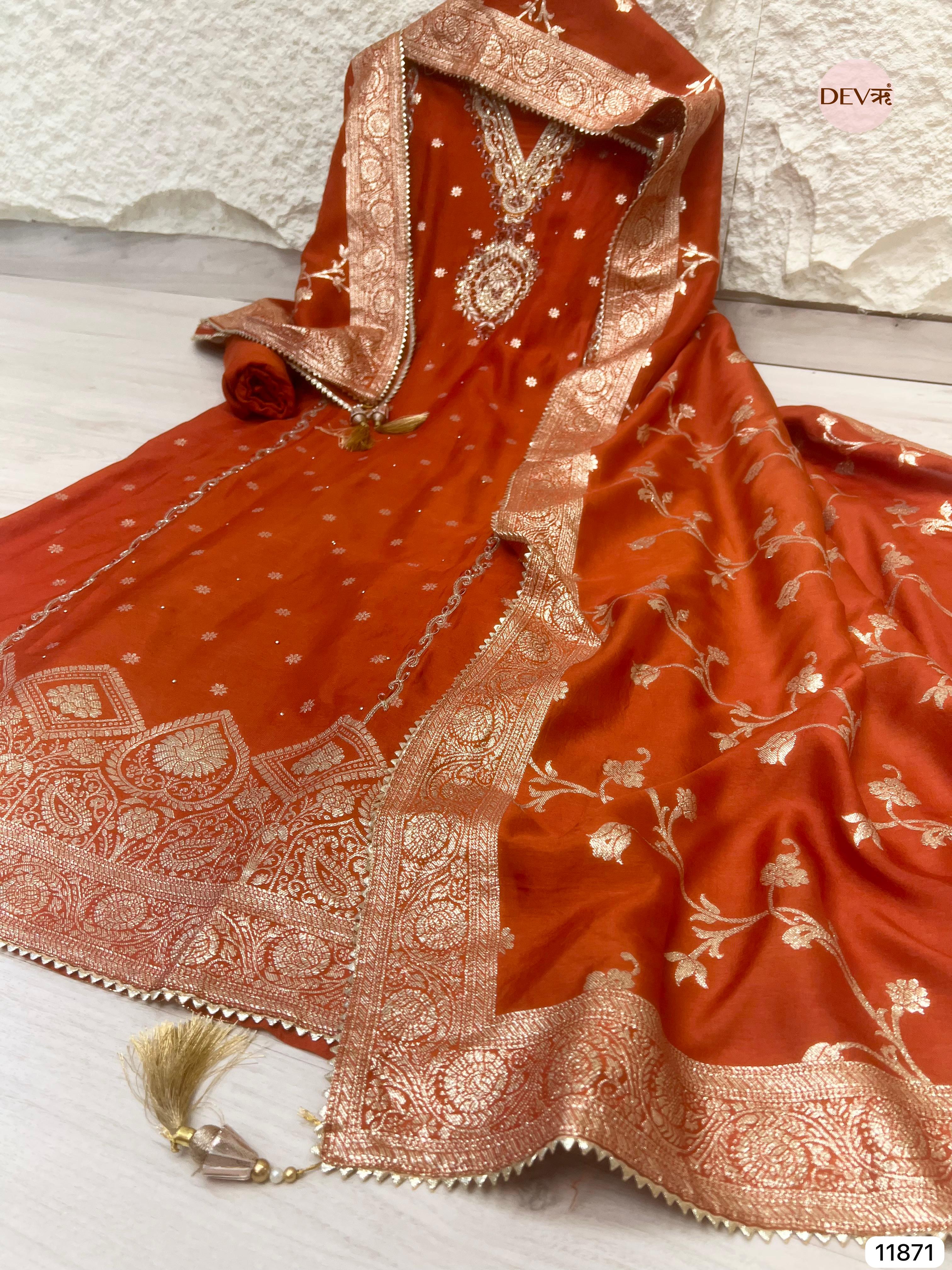 Red Pure Dola Silk Unstitched Banarasi Woven Hand Embroidered -Set Of 3- {11871}