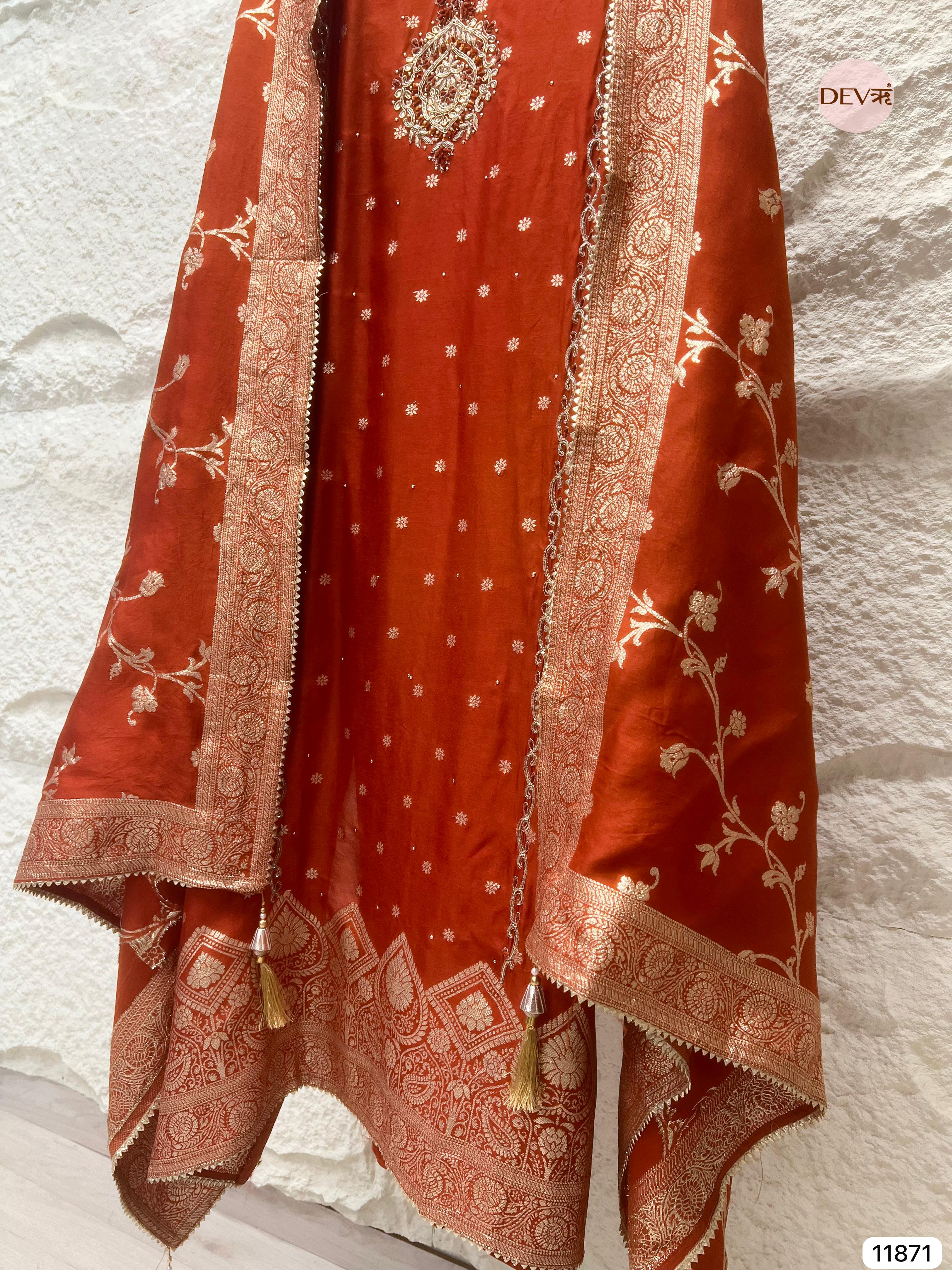 Red Pure Dola Silk Unstitched Banarasi Woven Hand Embroidered -Set Of 3- {11871}
